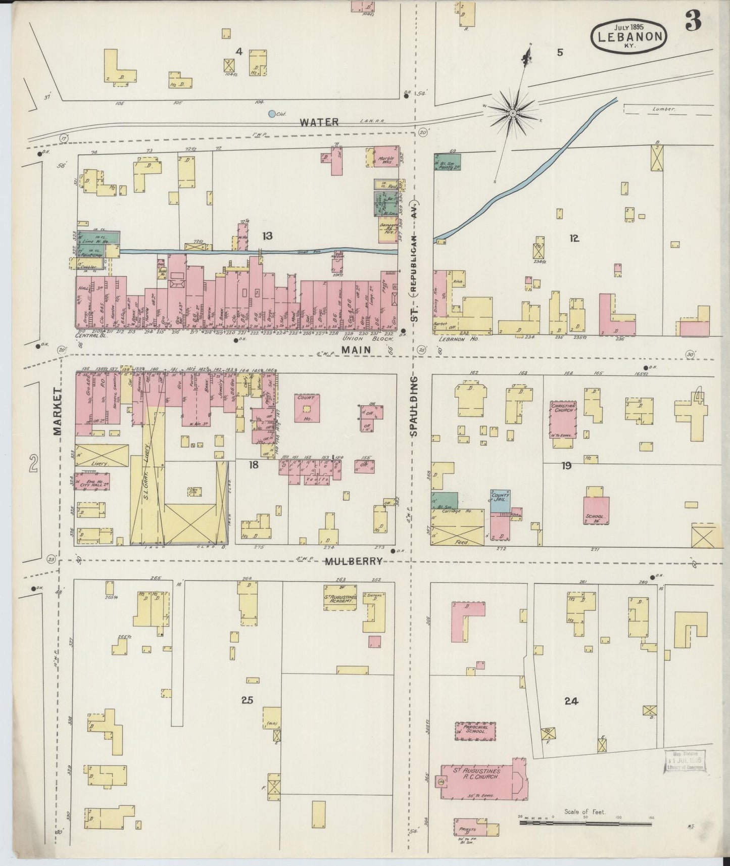 Sanborn Fire Insurance Map from Lebanon, Marion County, Kentucky (1895), Sheet #0003 - Complete Map Set gallery image, historic Sanborn map, vintage wall art, Kentucky Kentucky
