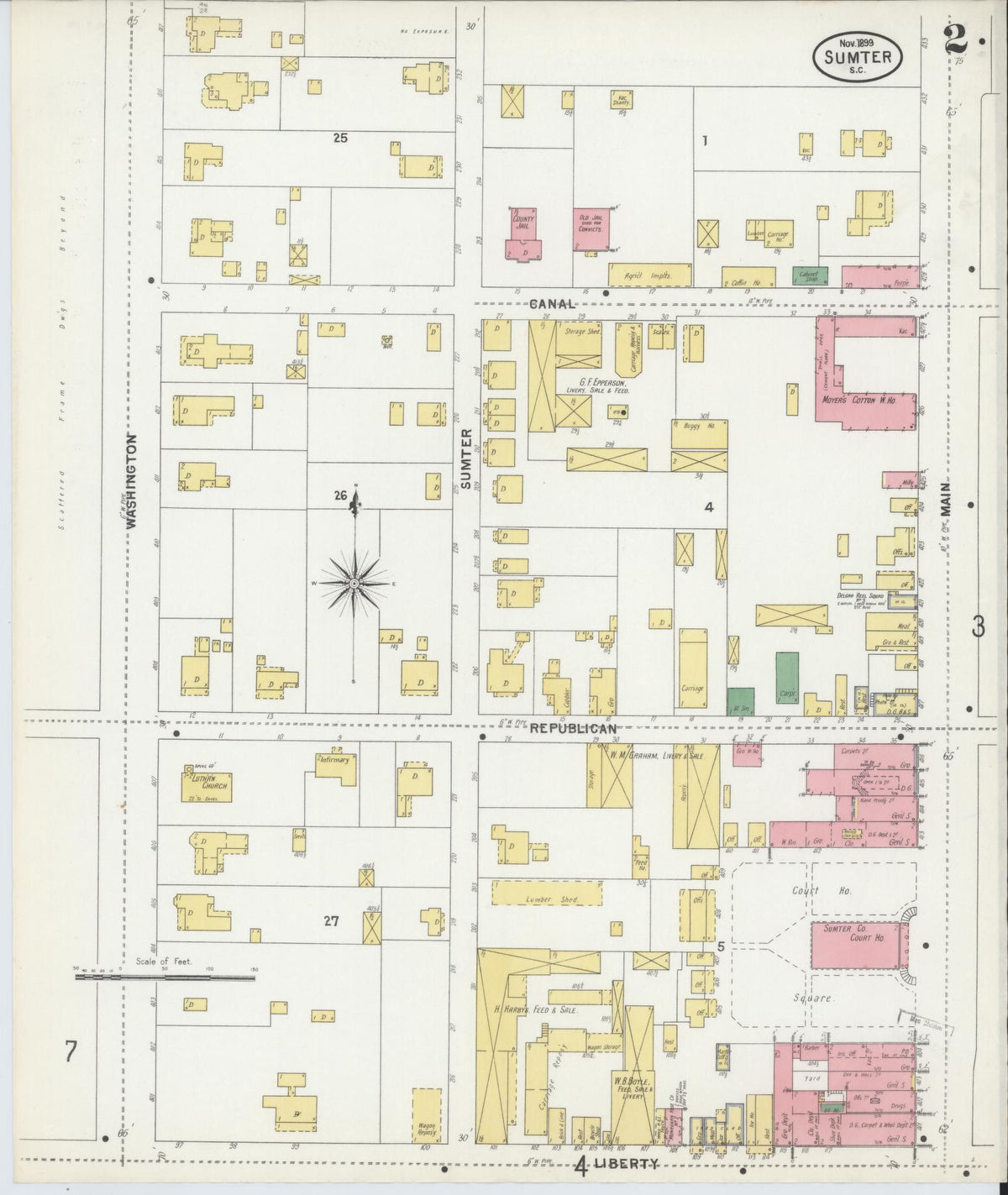 Sanborn Fire Insurance Map from Sumter, Sumter County, South Carolina (1899), Sheet #0002 - Complete Map Set gallery image, historic Sanborn map, vintage wall art, South Carolina South Carolina