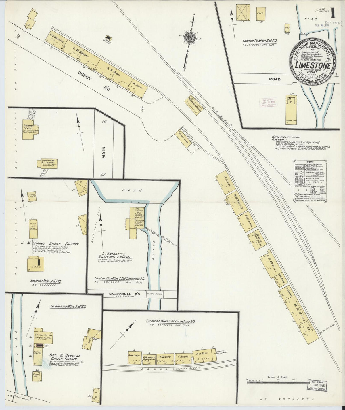 Sanborn Fire Insurance Map from Limestone, Aroostook County, Maine (1911), Sheet #0001 - Complete Map Set gallery image, historic Sanborn map, vintage wall art, Maine Maine