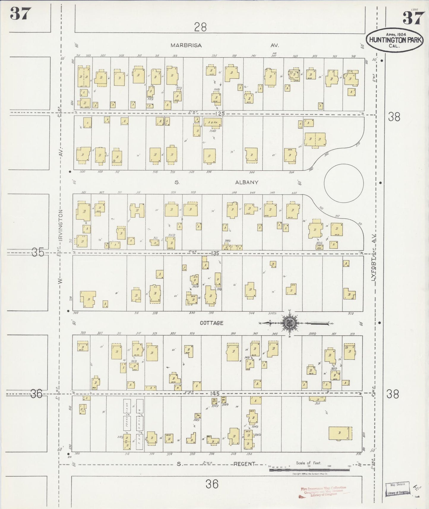Sanborn Fire Insurance Map from Huntington Park, Los Angeles County, California (1924), Sheet #0037 - Historic Sanborn Fire Insurance Map Print, vintage old map wall art, antique decor, genealogy gift, California California map
