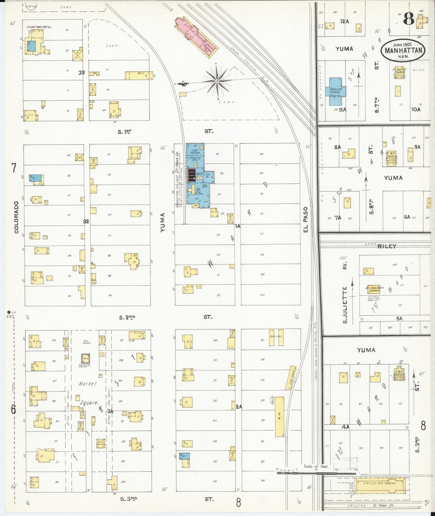 Sanborn Fire Insurance Map from Manhattan, Riley County, Kansas (1905), Sheet #0008 - Complete Map Set gallery image, historic Sanborn map, vintage wall art, Kansas Kansas
