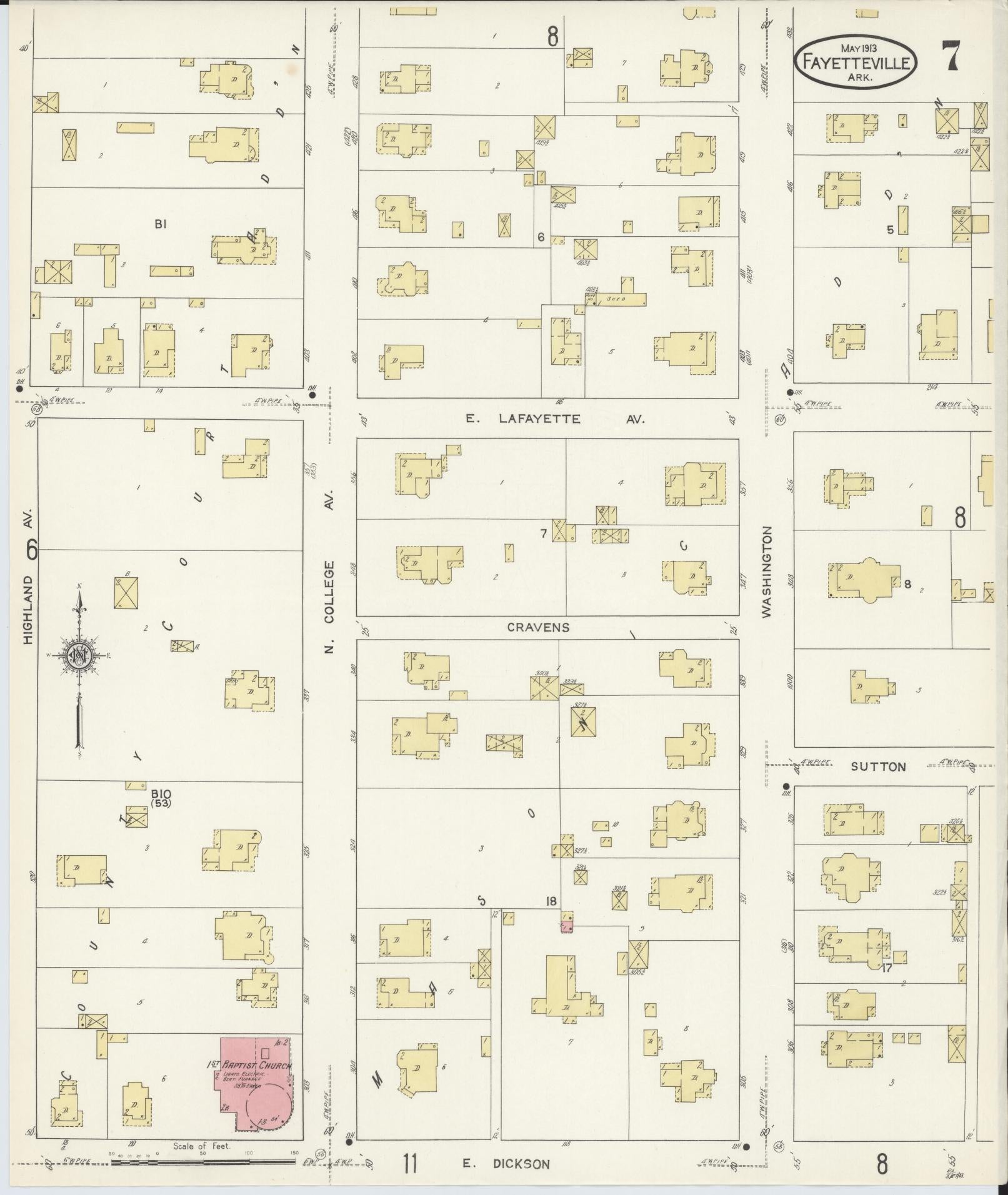 Sanborn Fire Insurance Map from Fayetteville, Washington County, Arkansas (1913), Sheet #0007 - Historic Sanborn Fire Insurance Map Print, vintage old map wall art, antique decor, genealogy gift, Arkansas Arkansas map