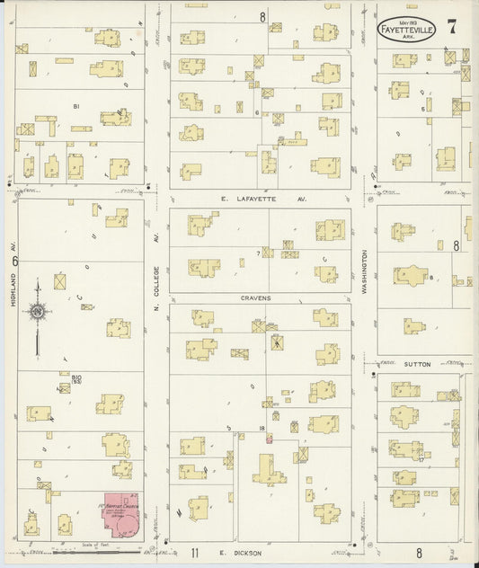 Sanborn Fire Insurance Map from Fayetteville, Washington County, Arkansas (1913), Sheet #0007 - Historic Sanborn Fire Insurance Map Print, vintage old map wall art, antique decor, genealogy gift, Arkansas Arkansas map