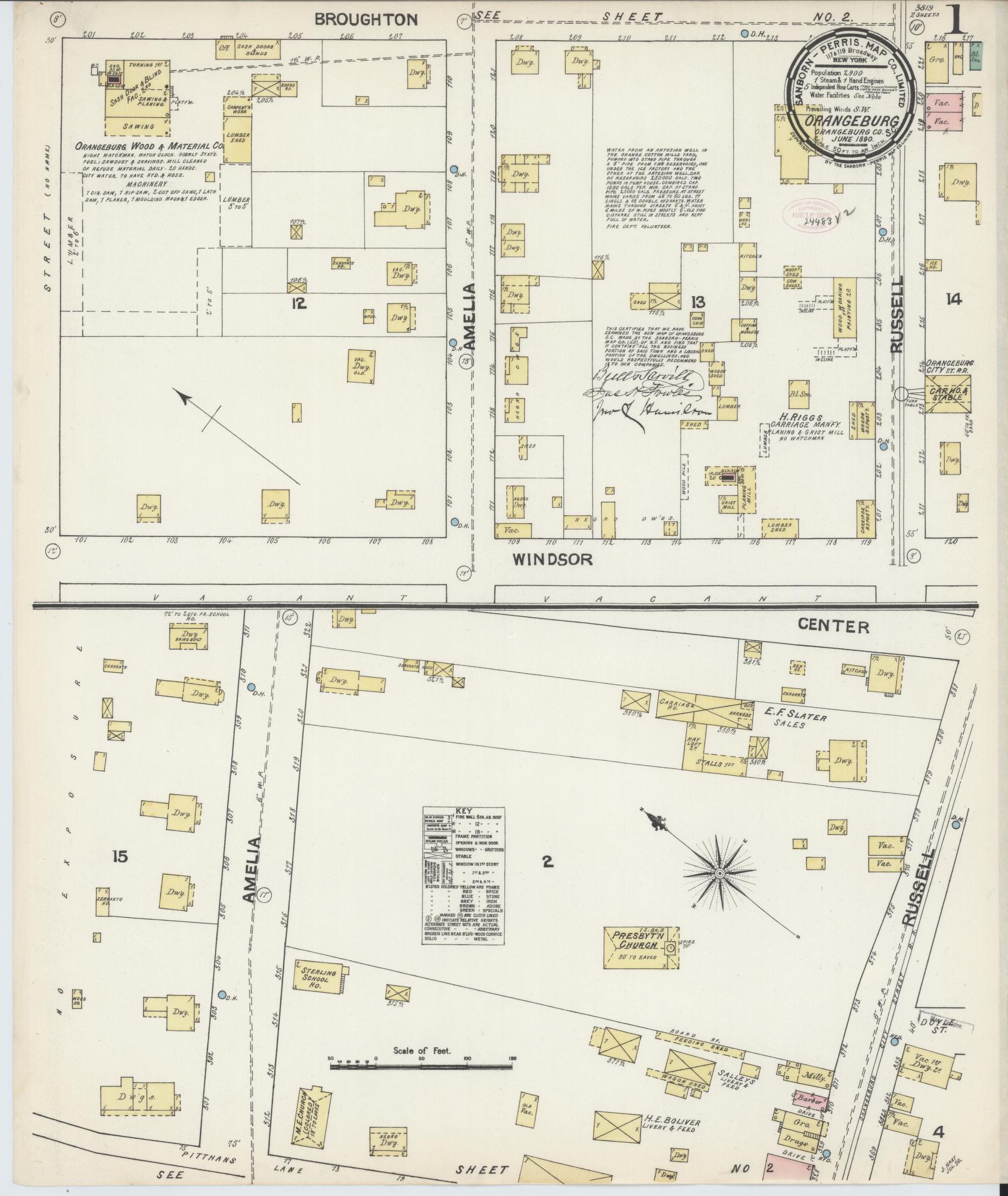Sanborn Fire Insurance Map from Orangeburg, Orangeburg County, South Carolina (1890), Sheet #0001 - Historic Sanborn Fire Insurance Map Print, vintage old map wall art, antique decor, genealogy gift, South Carolina South Carolina map