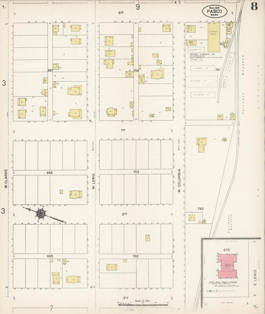Sanborn Fire Insurance Map from Pasco, Franklin County, Washington (1912), Sheet #0008 - Historic Sanborn Fire Insurance Map Print, vintage old map wall art, antique decor, genealogy gift, Washington Washington map