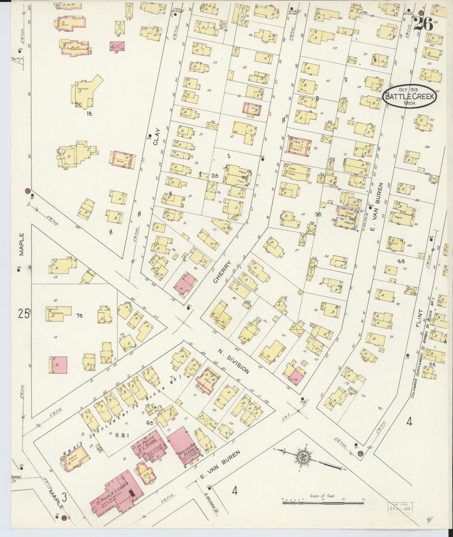 Sanborn Fire Insurance Map from Battle Creek, Calhoun County, Michigan (1913), Sheet #0026 - Historic Sanborn Fire Insurance Map Print, vintage old map wall art, antique decor, genealogy gift, Michigan Michigan map
