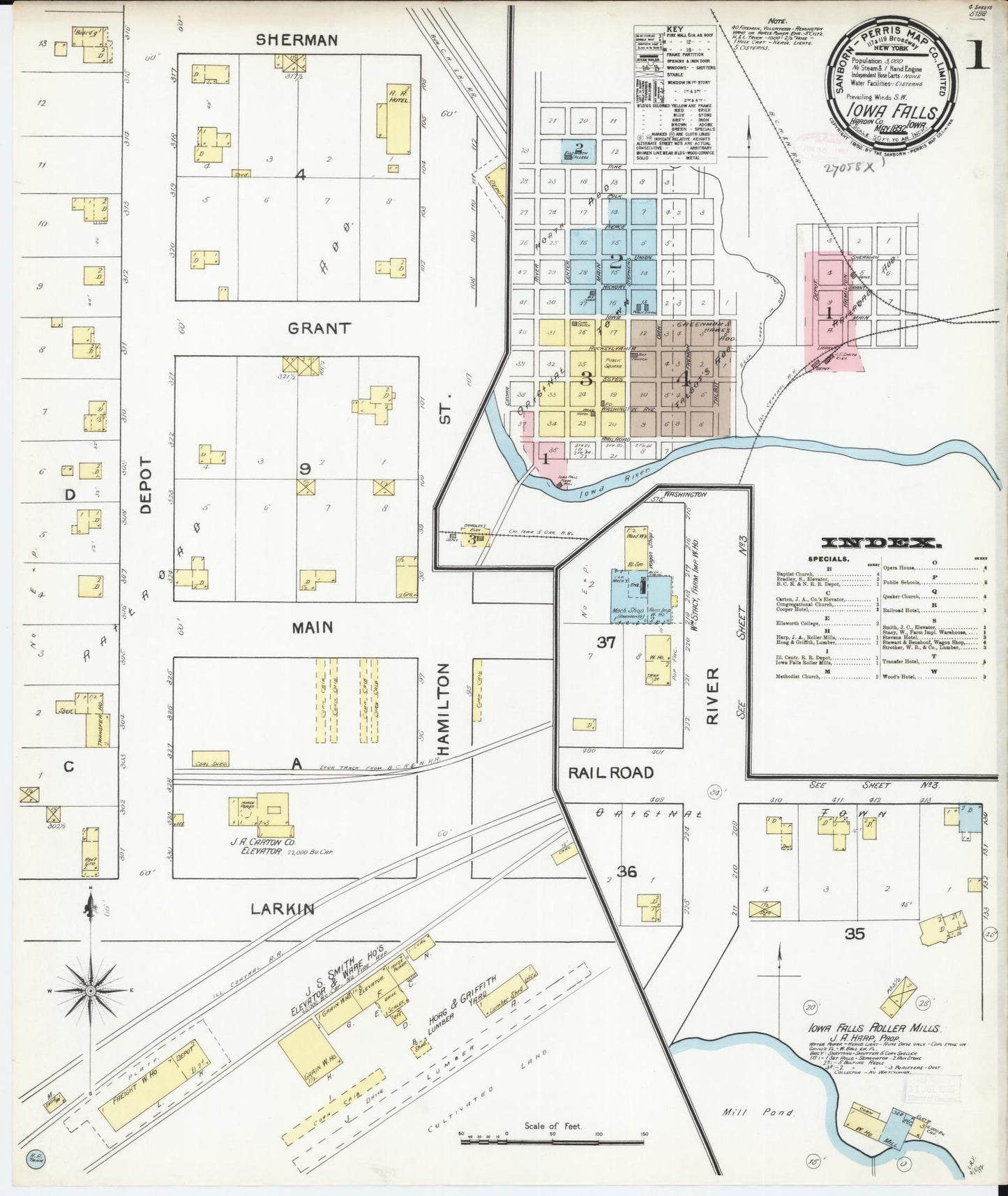 Sanborn Fire Insurance Map from Iowa Falls, Hardin County, Iowa (1892), Sheet #0001 - Historic Sanborn Fire Insurance Map Print, vintage old map wall art