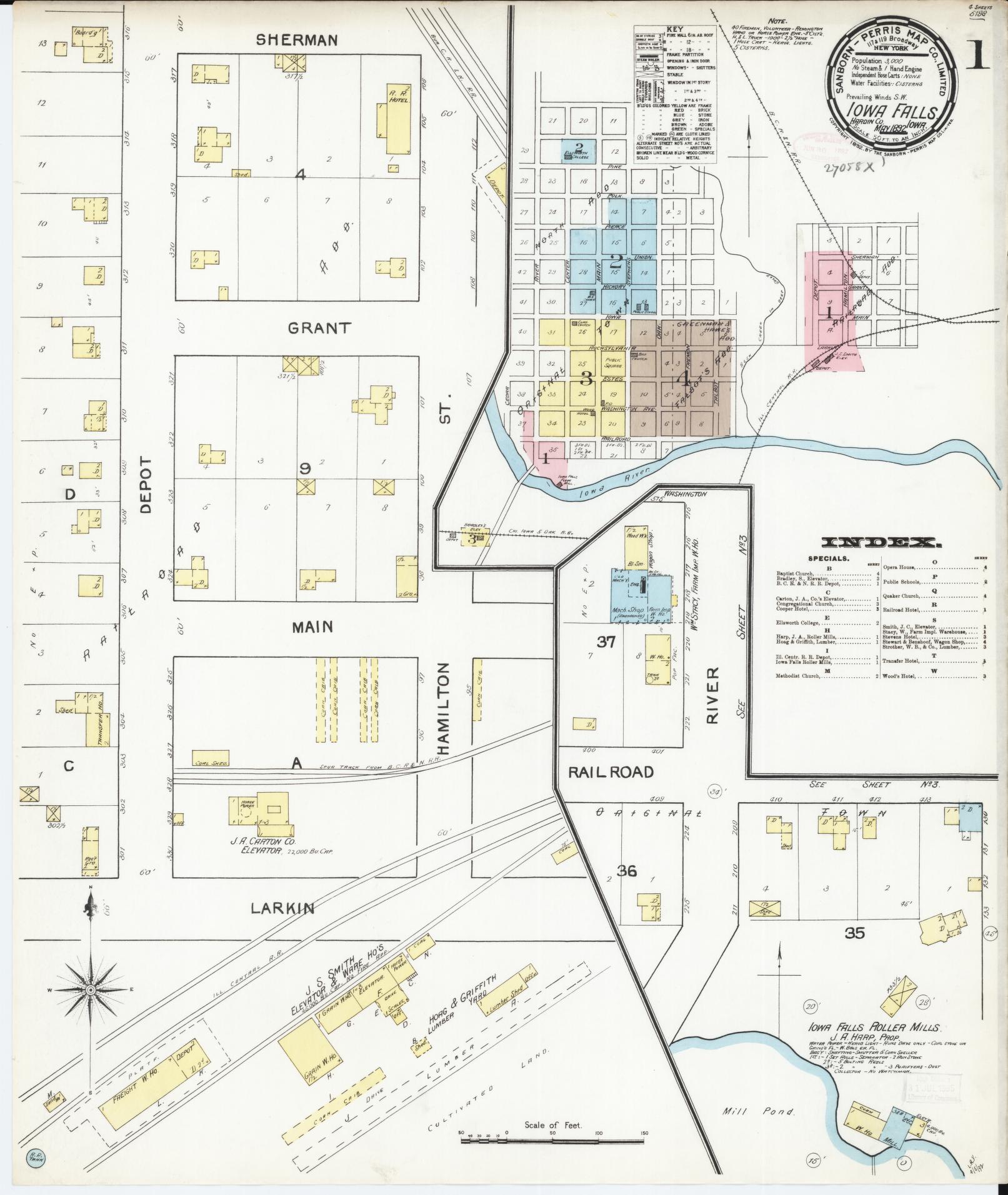Sanborn Fire Insurance Map from Iowa Falls, Hardin County, Iowa (1892), Sheet #0001 - Historic Sanborn Fire Insurance Map Print, vintage old map wall art