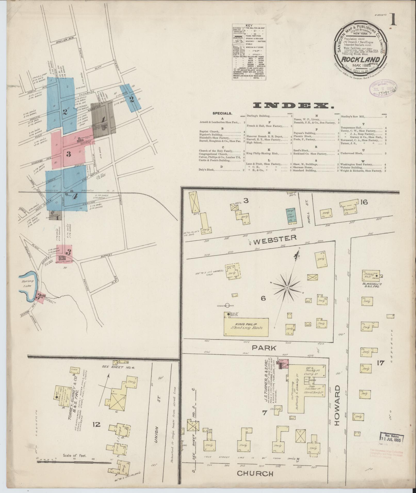 Sanborn Fire Insurance Map from Rockland, Plymouth County, Massachusetts (1885), Sheet #0001 - Complete Map Set gallery image, historic Sanborn map, vintage wall art, Massachusetts Massachusetts