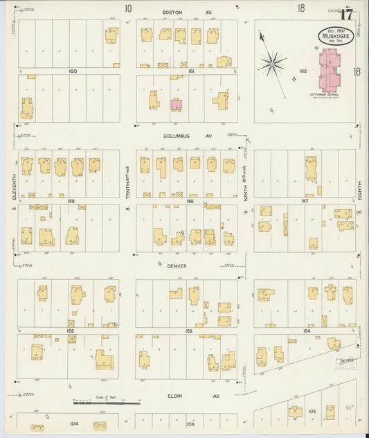 Sanborn Fire Insurance Map from Muskogee, Muskogee County, Oklahoma (1907), Sheet #0017 - Historic Sanborn Fire Insurance Map Print, vintage old map wall art, antique decor, genealogy gift, Oklahoma Oklahoma map