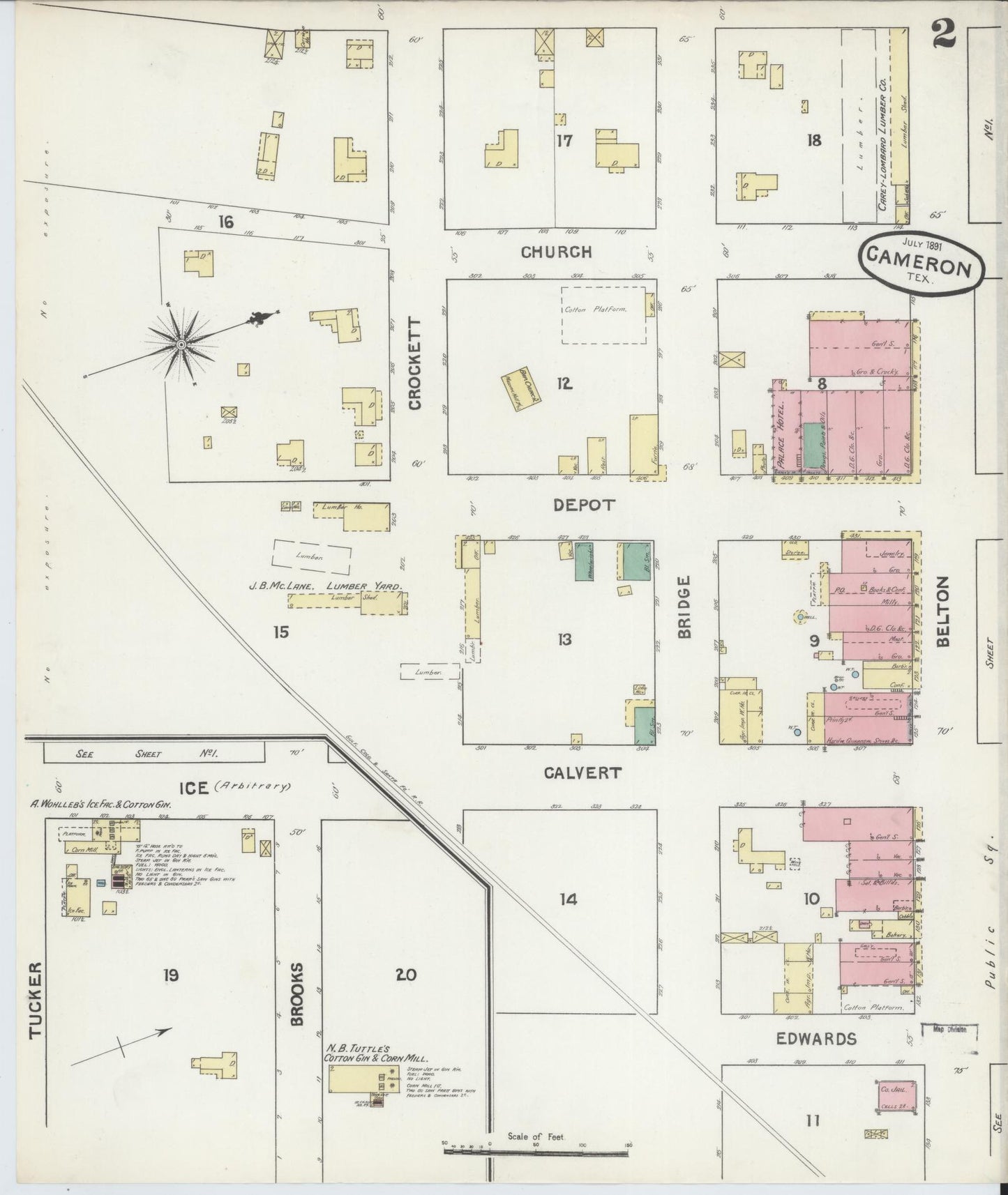 Sanborn Fire Insurance Map from Cameron, Milam County, Texas (1891), Sheet #0002 - Historic Sanborn Fire Insurance Map Print, vintage old map wall art, antique decor, genealogy gift, Texas Texas map