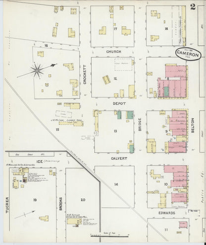 Sanborn Fire Insurance Map from Cameron, Milam County, Texas (1891), Sheet #0002 - Historic Sanborn Fire Insurance Map Print, vintage old map wall art, antique decor, genealogy gift, Texas Texas map