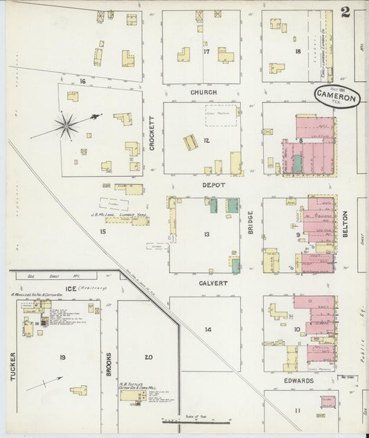 Sanborn Fire Insurance Map from Cameron, Milam County, Texas (1891), Sheet #0002 - Historic Sanborn Fire Insurance Map Print, vintage old map wall art, antique decor, genealogy gift, Texas Texas map