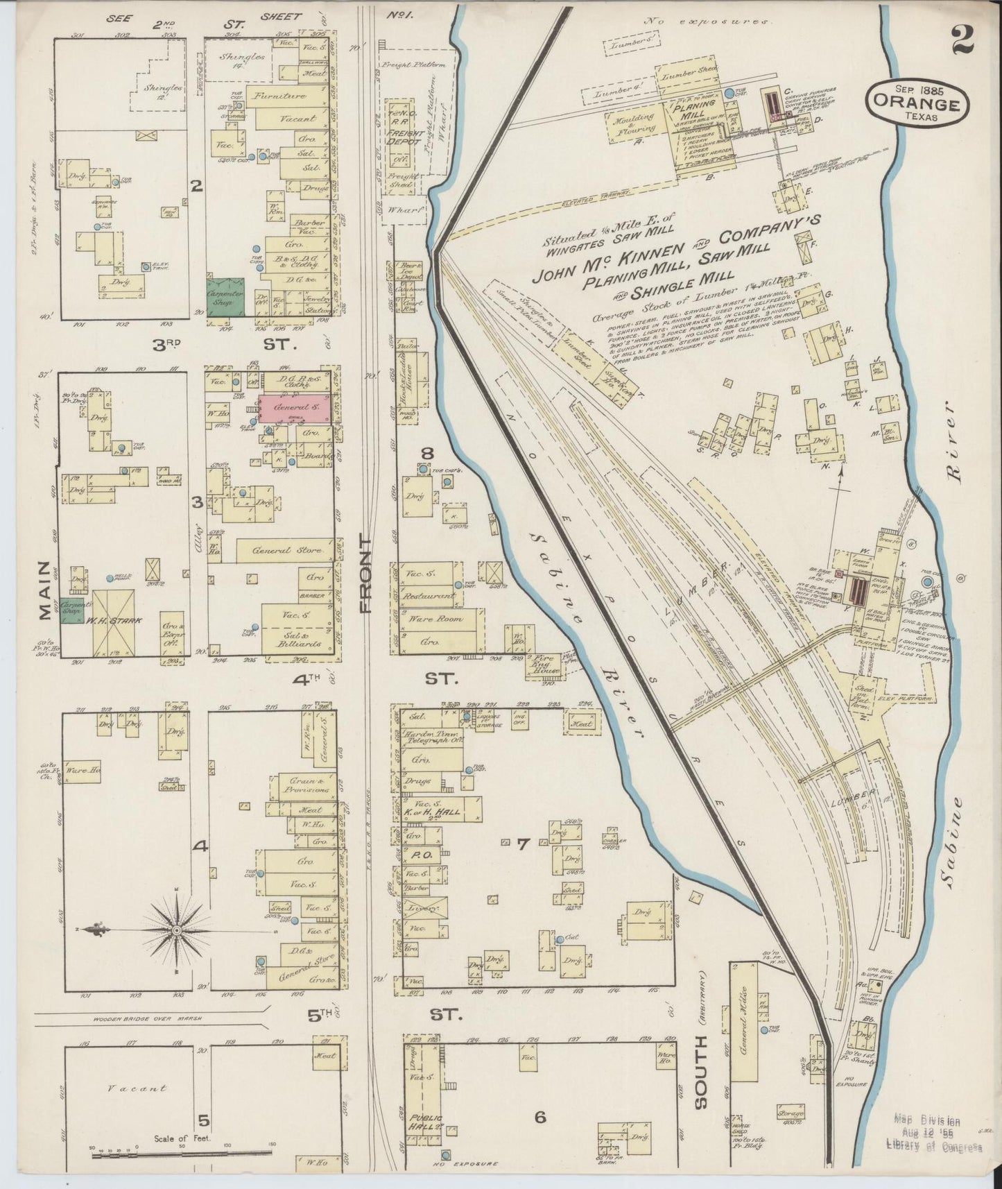 Sanborn Fire Insurance Map from Orange, Orange County, Texas (1885), Sheet #0002 - Historic Sanborn Fire Insurance Map Print, vintage old map wall art, antique decor, genealogy gift, Texas Texas map