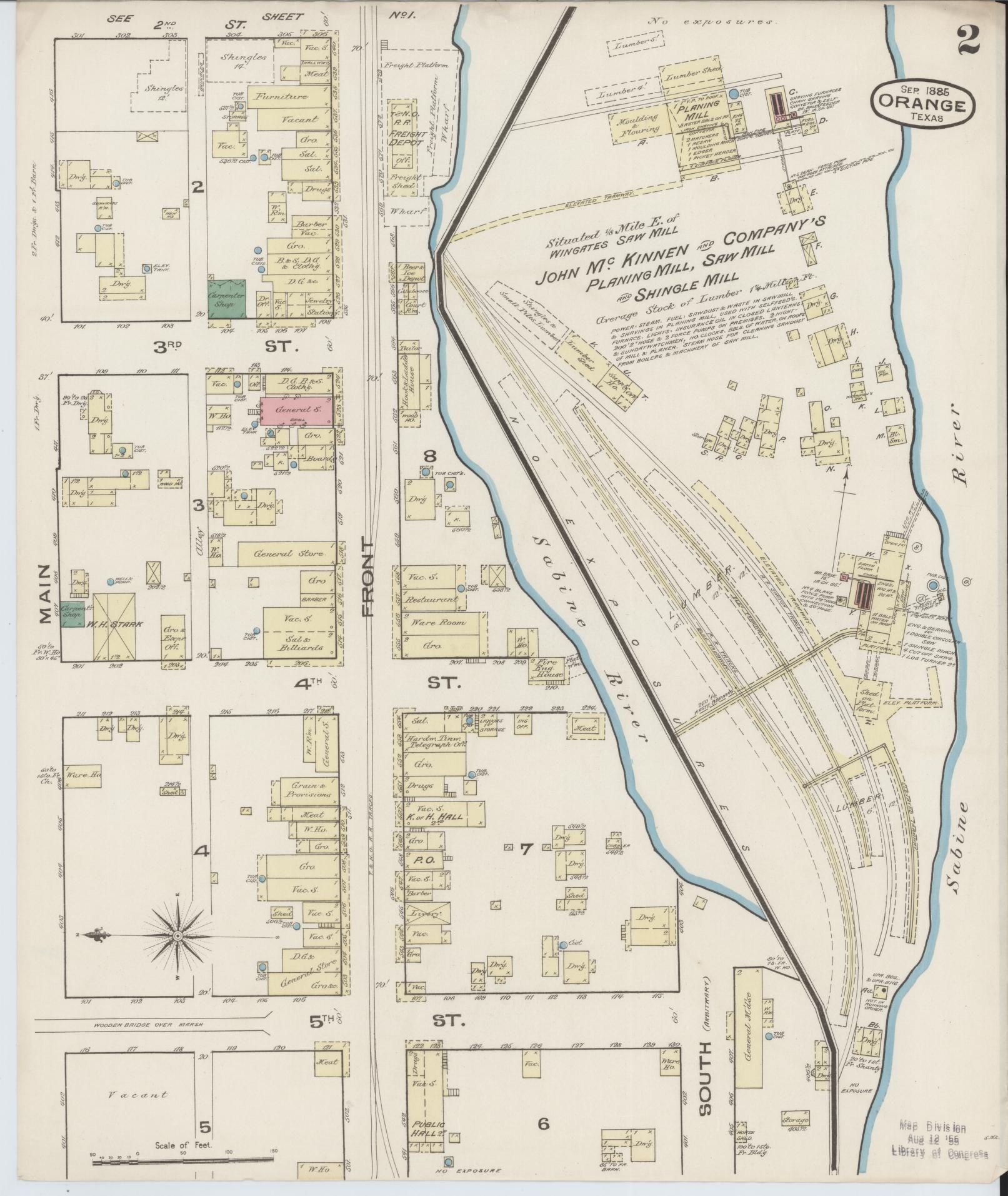 Sanborn Fire Insurance Map from Orange, Orange County, Texas (1885), Sheet #0002 - Historic Sanborn Fire Insurance Map Print, vintage old map wall art, antique decor, genealogy gift, Texas Texas map