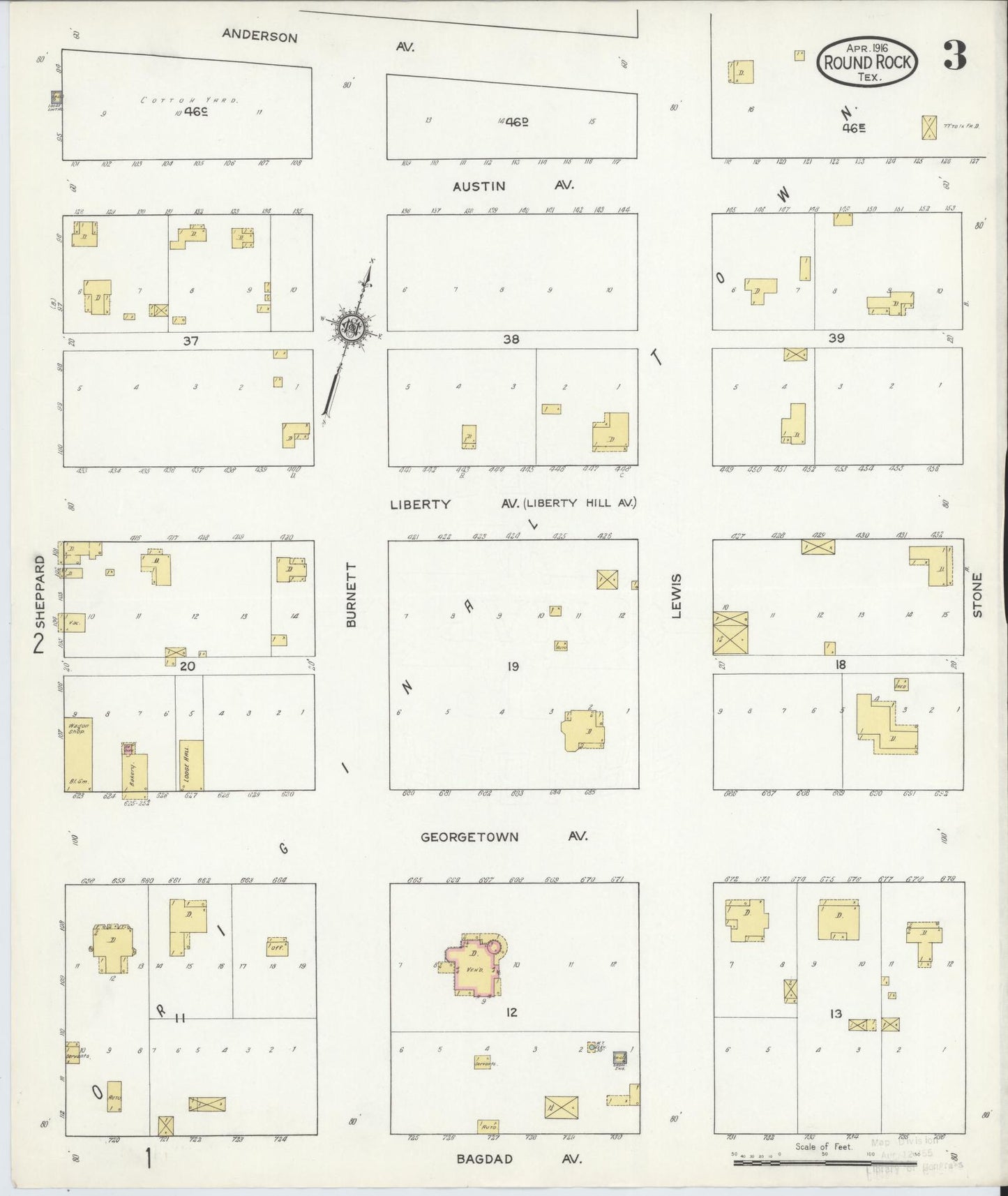 Sanborn Fire Insurance Map from Round Rock, Williamson County, Texas (1916), Sheet #0003 - Complete Map Set gallery image, historic Sanborn map, vintage wall art, Texas Texas