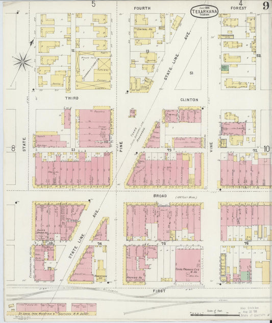 Sanborn Fire Insurance Map from Texarkana, Bowie County, Texas (1896), Sheet #0009 - Historic Sanborn Fire Insurance Map Print, vintage old map wall art, antique decor, genealogy gift, Texas Texas map