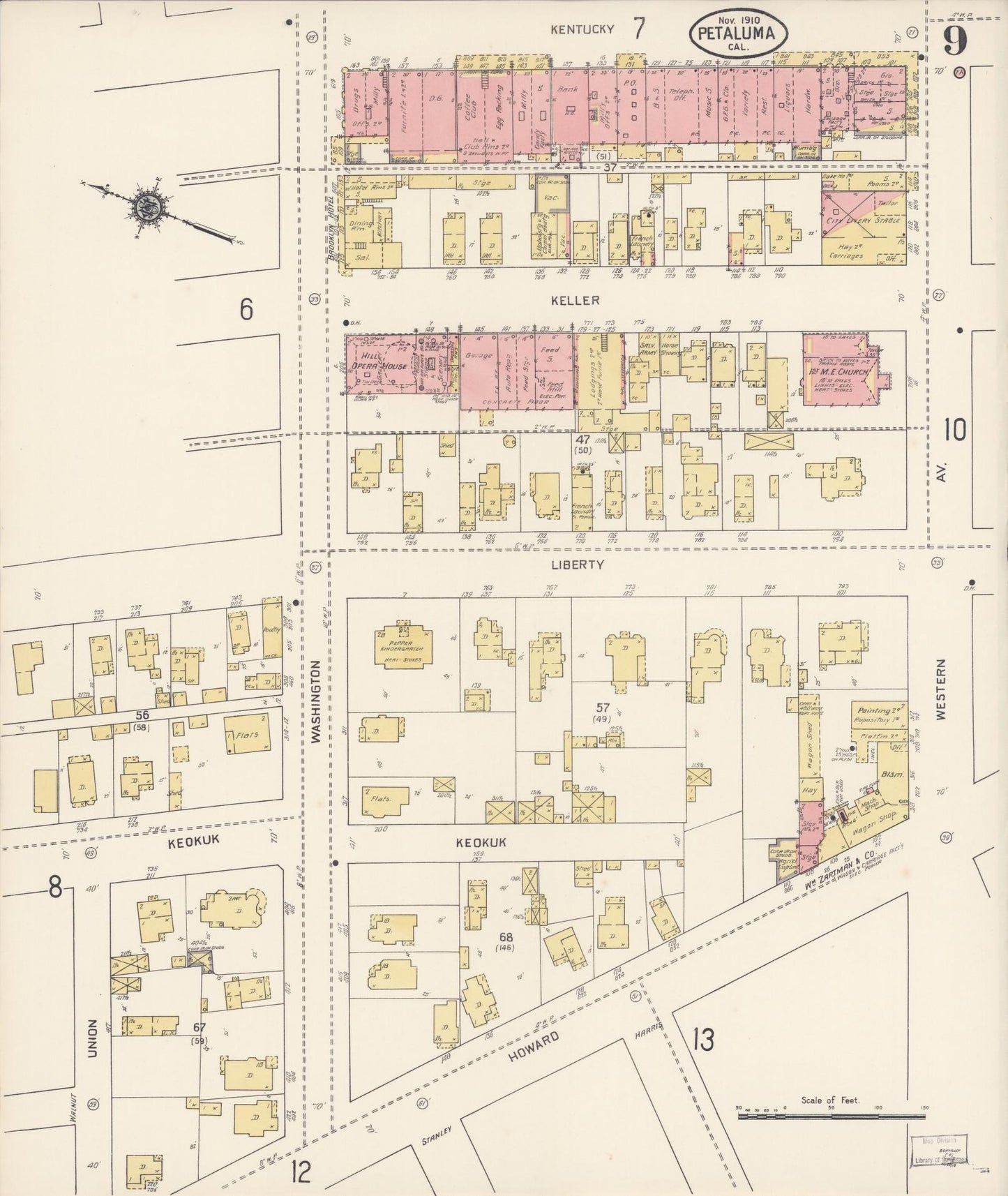 Sanborn Fire Insurance Map from Petaluma, Sonoma County, California (1910), Sheet #0009 - Complete Map Set gallery image, historic Sanborn map, vintage wall art, California California
