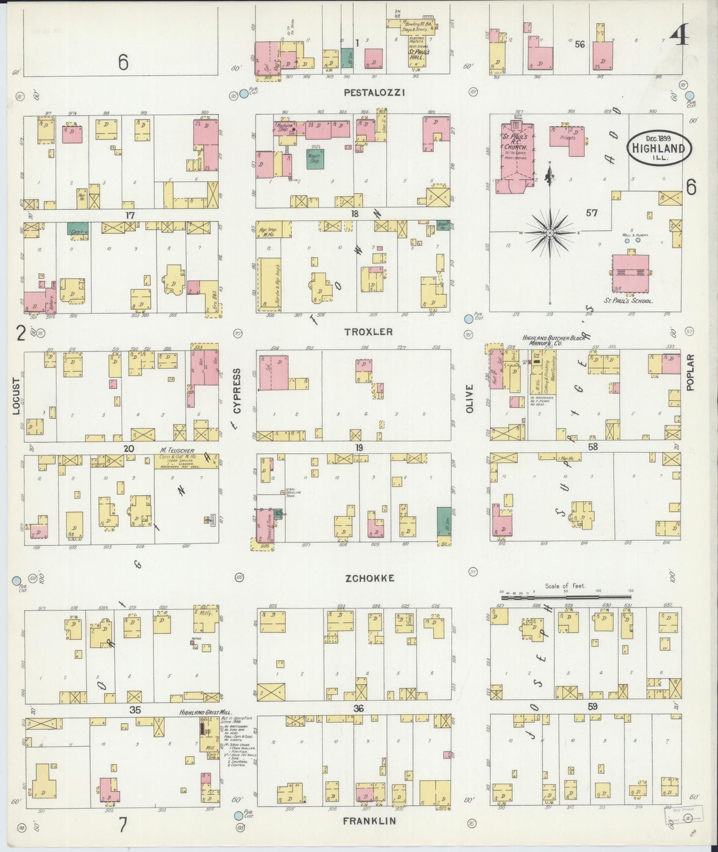 Sanborn Fire Insurance Map from Highland, Madison County, Illinois (1899), Sheet #0004 - Historic Sanborn Fire Insurance Map Print, vintage old map wall art, antique decor, genealogy gift, Illinois Illinois map