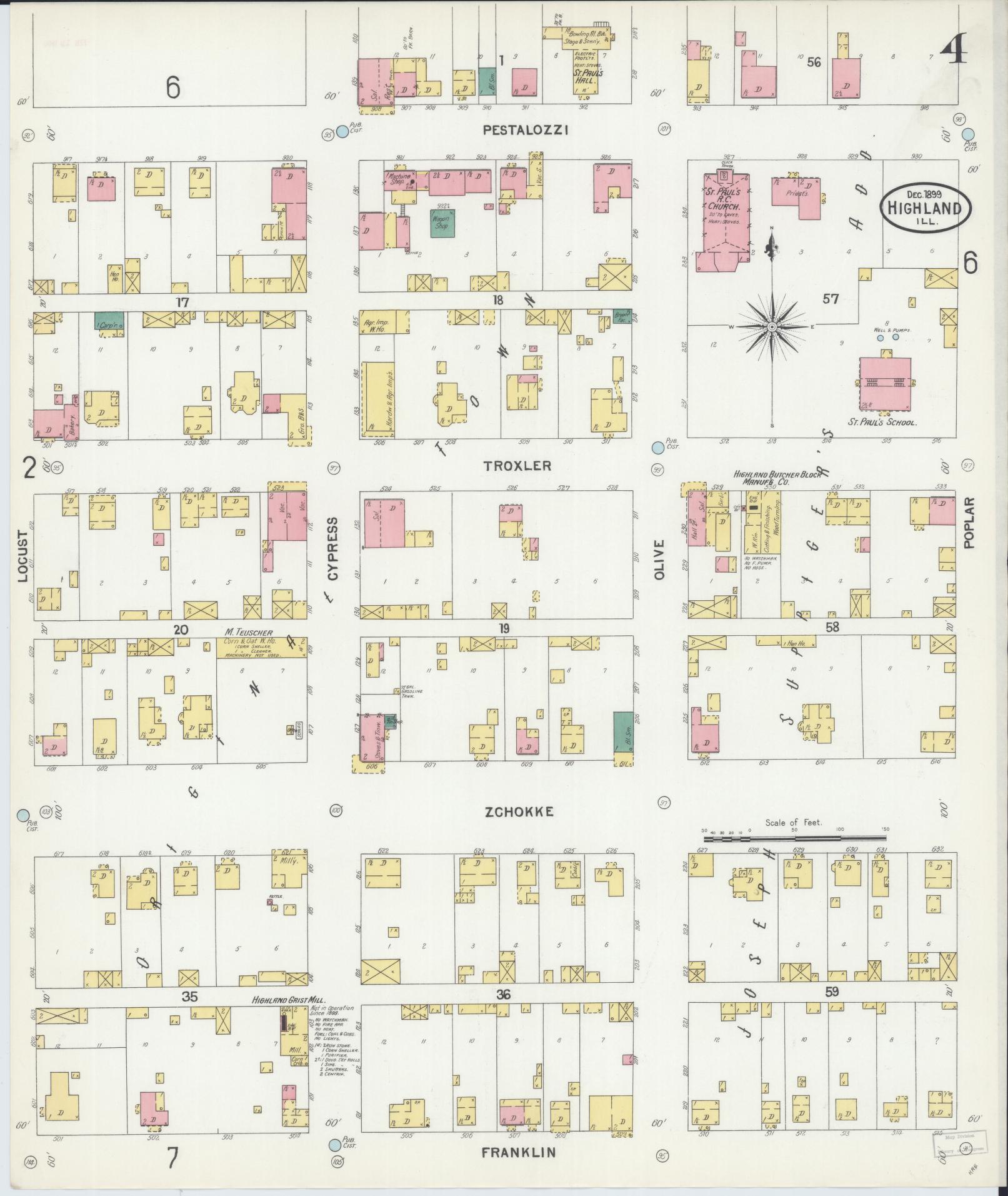 Sanborn Fire Insurance Map from Highland, Madison County, Illinois (1899), Sheet #0004 - Historic Sanborn Fire Insurance Map Print, vintage old map wall art, antique decor, genealogy gift, Illinois Illinois map