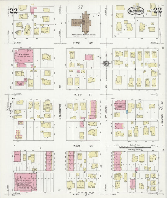Sanborn Fire Insurance Map from Hastings, Adams County, Nebraska (1924), Sheet #0022 - Historic Sanborn Fire Insurance Map Print, vintage old map wall art, antique decor, genealogy gift, Nebraska Nebraska map