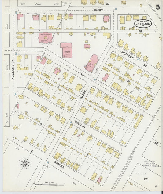 Sanborn Fire Insurance Map from Latrobe, Westmoreland County, Pennsylvania (1892), Sheet #0005 - Historic Sanborn Fire Insurance Map Print, vintage old map wall art, antique decor, genealogy gift, Pennsylvania Pennsylvania map