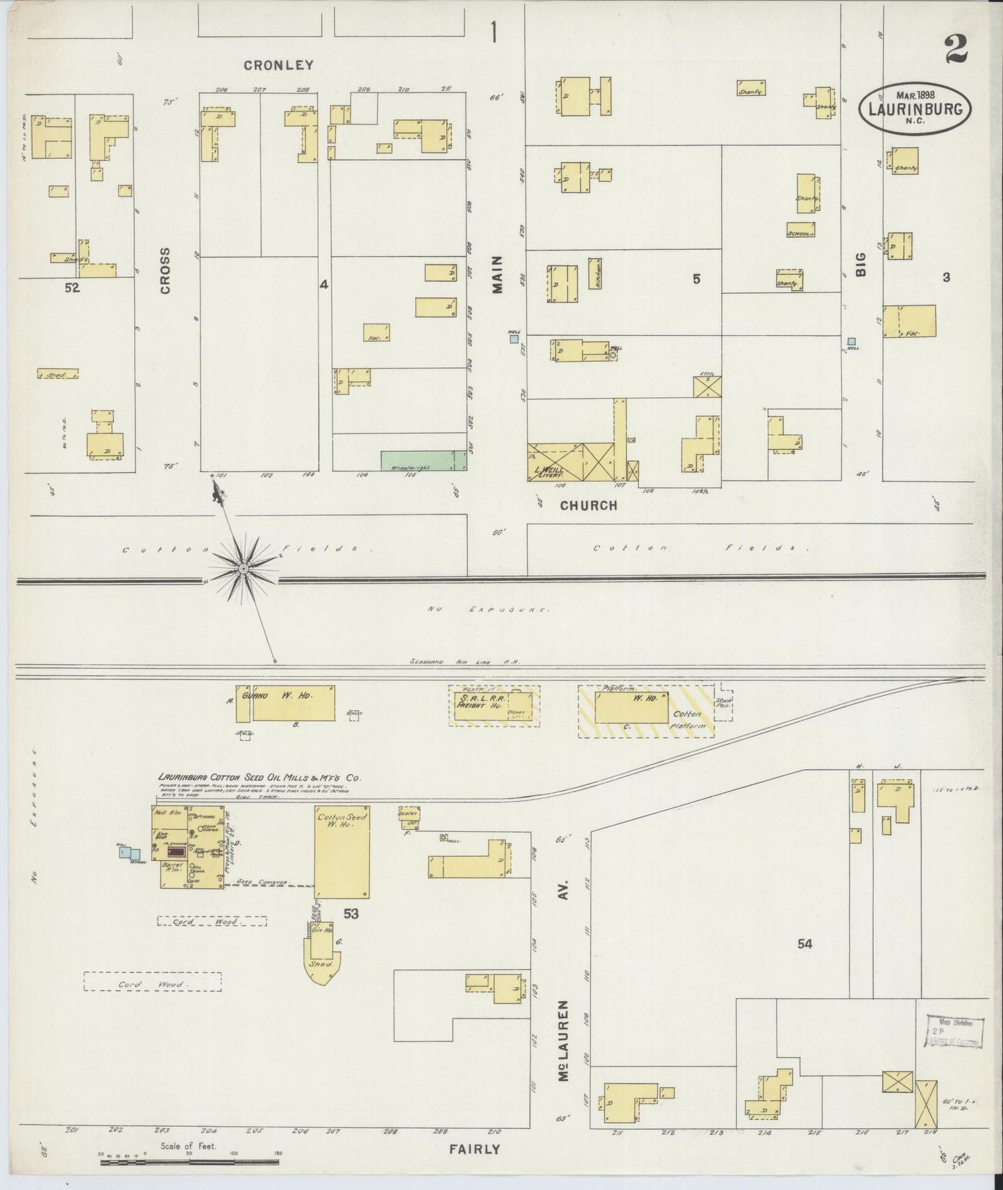 Sanborn Fire Insurance Map from Laurinburg, Scotland County, North Carolina (1898), Sheet #0002 - Historic Sanborn Fire Insurance Map Print, vintage old map wall art, antique decor, genealogy gift, North Carolina North Carolina map