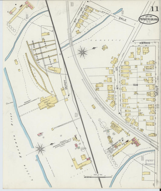 Sanborn Fire Insurance Map from Parkersburg, Wood County, West Virginia (1893), Sheet #0011 - Historic Sanborn Fire Insurance Map Print, vintage old map wall art, antique decor, genealogy gift, West Virginia West Virginia map