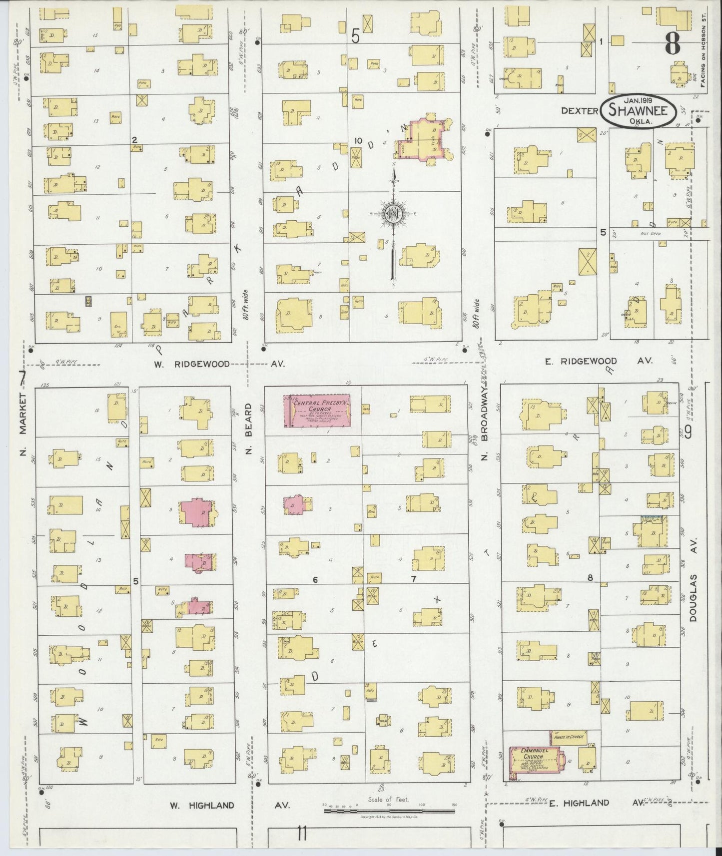 Sanborn Fire Insurance Map from Shawnee, Pottawatomie County, Oklahoma (1919), Sheet #0008 - Complete Map Set gallery image, historic Sanborn map, vintage wall art, Oklahoma Oklahoma