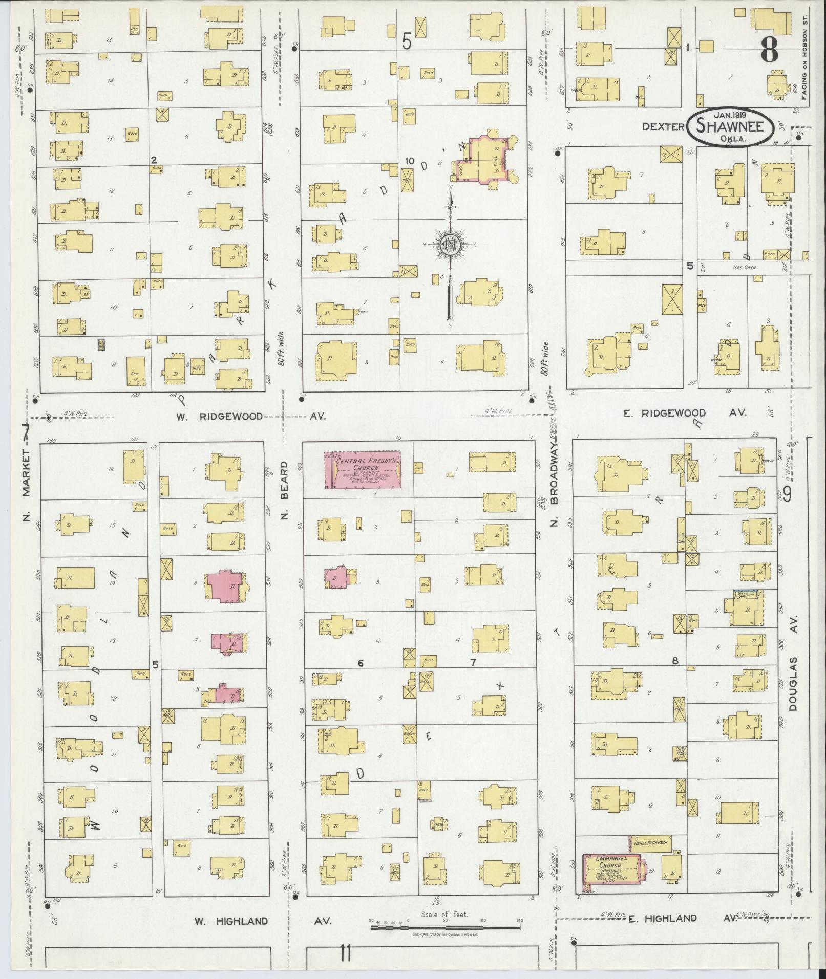 Sanborn Fire Insurance Map from Shawnee, Pottawatomie County, Oklahoma (1919), Sheet #0008 - Complete Map Set gallery image, historic Sanborn map, vintage wall art, Oklahoma Oklahoma