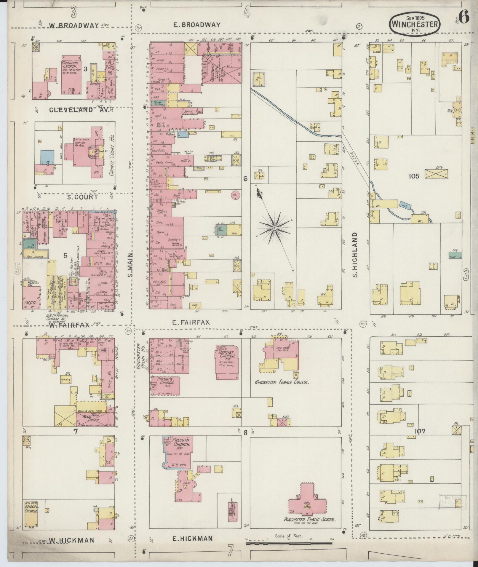 Sanborn Fire Insurance Map from Winchester, Clark County, Kentucky (1895), Sheet #0006 - Historic Sanborn Fire Insurance Map Print, vintage old map wall art, antique decor, genealogy gift, Kentucky Kentucky map