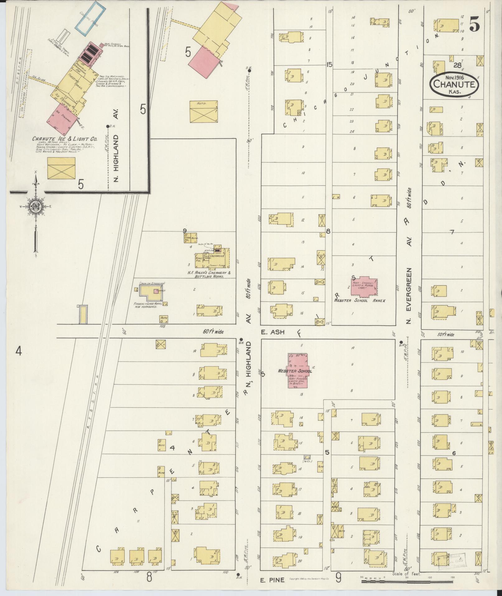 Sanborn Fire Insurance Map from Chanute, Neosho County, Kansas (1916), Sheet #0005 - Complete Map Set gallery image, historic Sanborn map, vintage wall art, Kansas Kansas