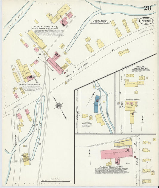 Sanborn Fire Insurance Map from Keene, Cheshire County, New Hampshire (1913), Sheet #0028 - Historic Sanborn Fire Insurance Map Print, vintage old map wall art, antique decor, genealogy gift, New Hampshire New Hampshire map