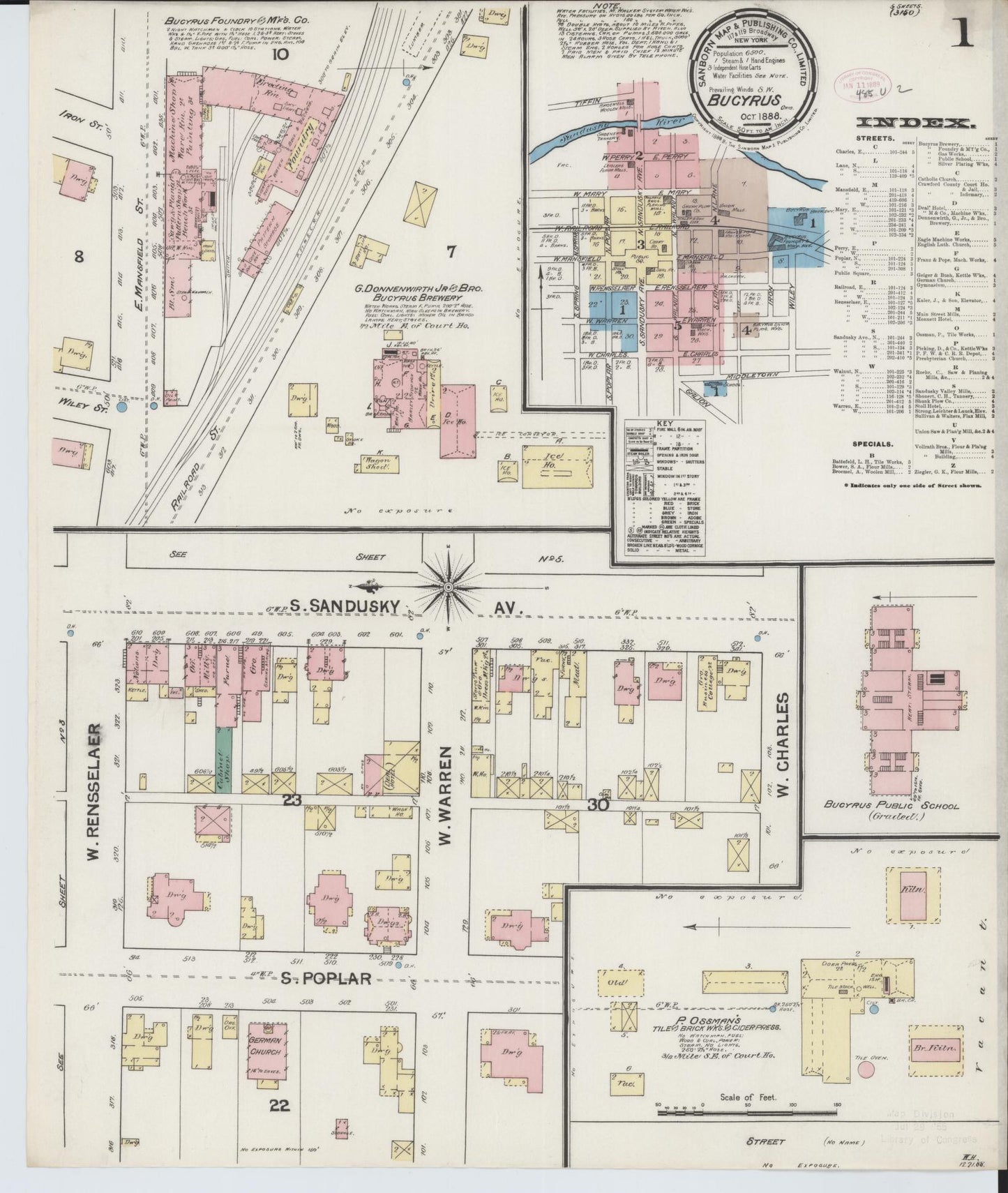 Sanborn Fire Insurance Map from Bucyrus, Crawford County, Ohio (1888), Sheet #0001 - Historic Sanborn Fire Insurance Map Print, vintage old map wall art, antique decor, genealogy gift, Ohio Ohio map