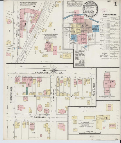 Sanborn Fire Insurance Map from Bucyrus, Crawford County, Ohio (1888), Sheet #0001 - Historic Sanborn Fire Insurance Map Print, vintage old map wall art, antique decor, genealogy gift, Ohio Ohio map
