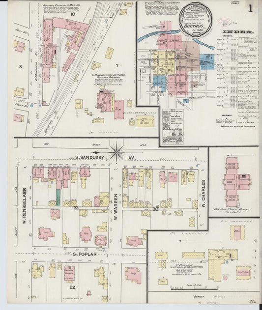 Sanborn Fire Insurance Map from Bucyrus, Crawford County, Ohio (1888), Sheet #0001 - Historic Sanborn Fire Insurance Map Print, vintage old map wall art, antique decor, genealogy gift, Ohio Ohio map