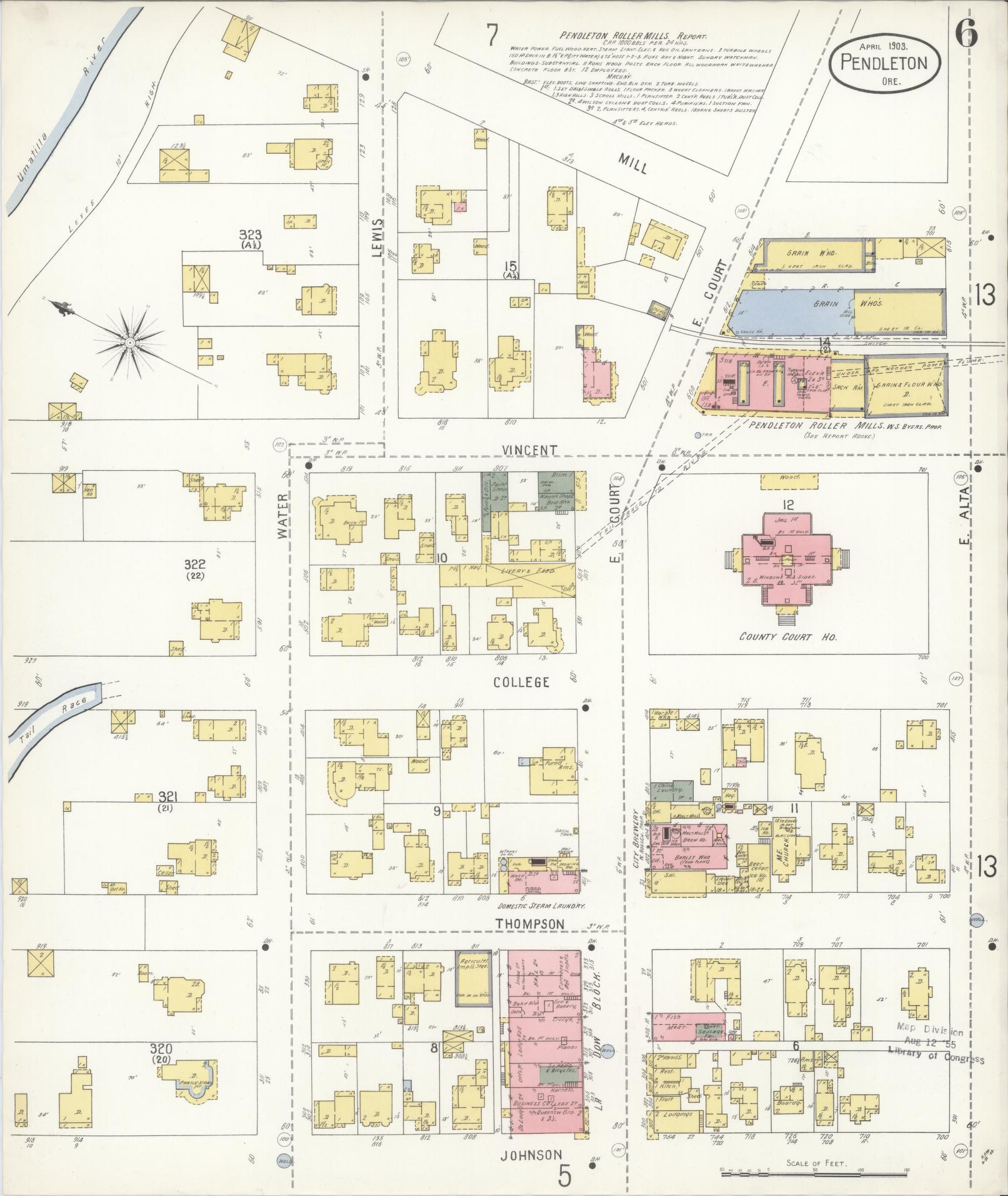 Sanborn Fire Insurance Map from Pendleton, Umatilla County, Oregon (1903), Sheet #0006 - Historic Sanborn Fire Insurance Map Print, vintage old map wall art, antique decor, genealogy gift, Oregon Oregon map