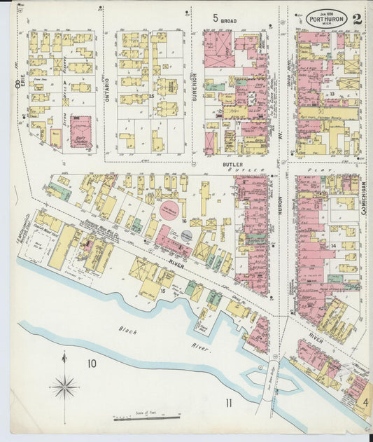 Sanborn Fire Insurance Map from Port Huron, Saint Clair County, Michigan (1898), Sheet #0002 - Historic Sanborn Fire Insurance Map Print, vintage old map wall art, antique decor, genealogy gift, Michigan Michigan map