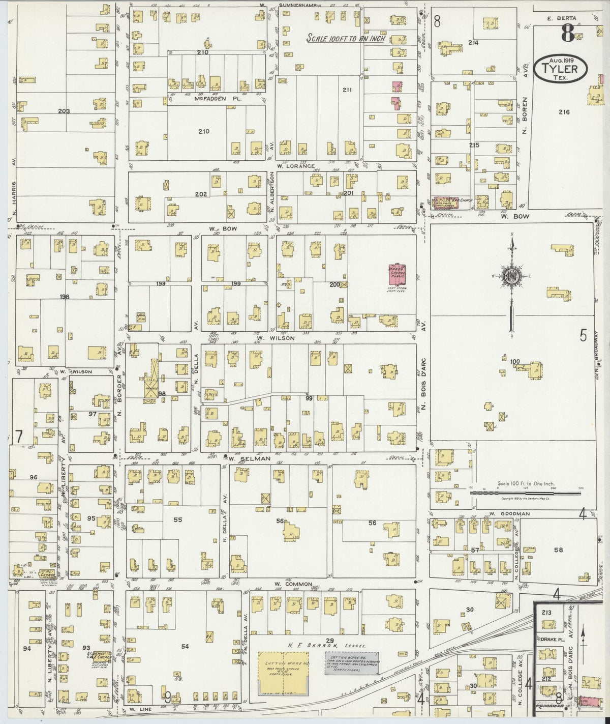 Sanborn Fire Insurance Map from Tyler, Smith County, Texas (1919), Sheet #0008 - Complete Map Set gallery image, historic Sanborn map, vintage wall art, Texas Texas