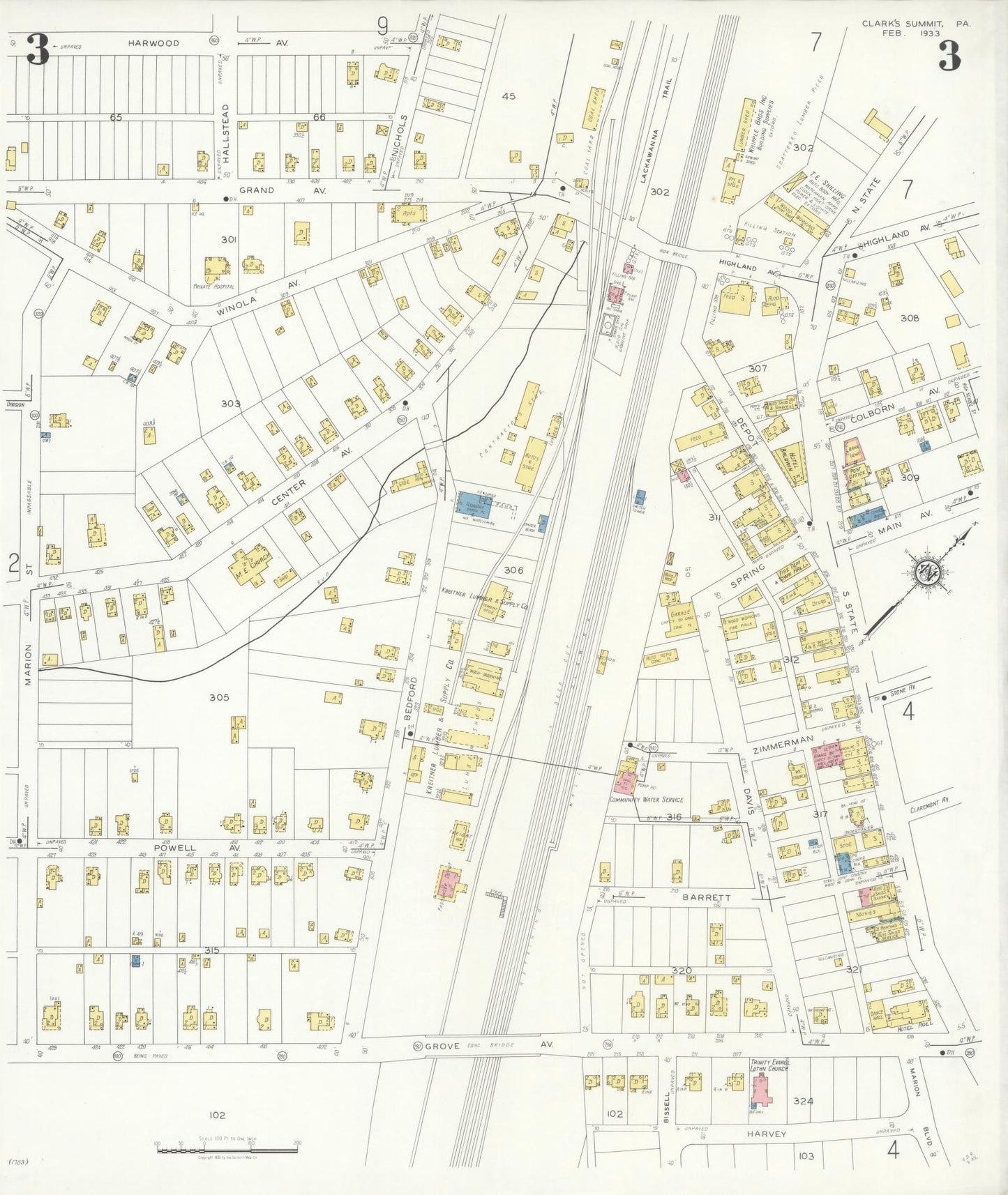 Sanborn Fire Insurance Map from Clark's Summit, Lackawanna County, Pennsylvania (1933), Sheet #0003 - Complete Map Set gallery image, historic Sanborn map, vintage wall art, Pennsylvania Pennsylvania