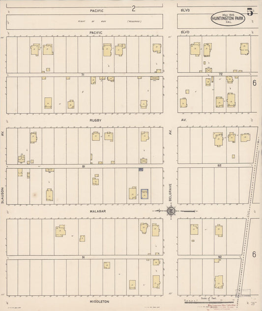 Sanborn Fire Insurance Map from Huntington Park, Los Angeles County, California (1910), Sheet #0005 - Historic Sanborn Fire Insurance Map Print, vintage old map wall art, antique decor, genealogy gift, California California map