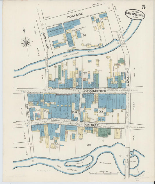 Sanborn Fire Insurance Map from San Antonio, Bexar County, Texas (1885), Sheet #0005 - Historic Sanborn Fire Insurance Map Print, vintage old map wall art, antique decor, genealogy gift, Texas Texas map