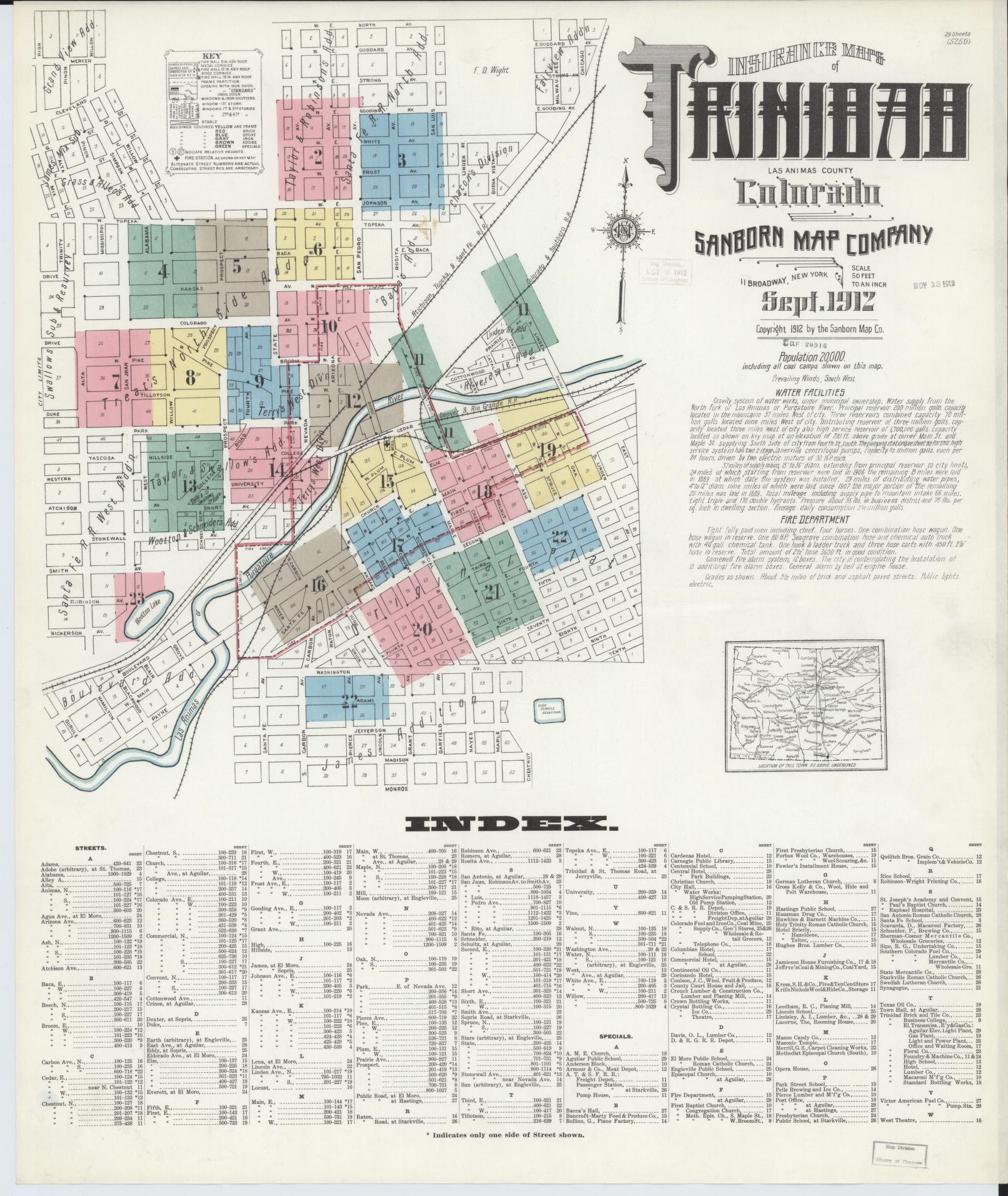 Sanborn Fire Insurance Map from Trinidad, Las Animas County, Colorado (1912), Sheet #0001 - Historic Sanborn Fire Insurance Map Print, vintage old map wall art, antique decor, genealogy gift, Colorado Colorado map