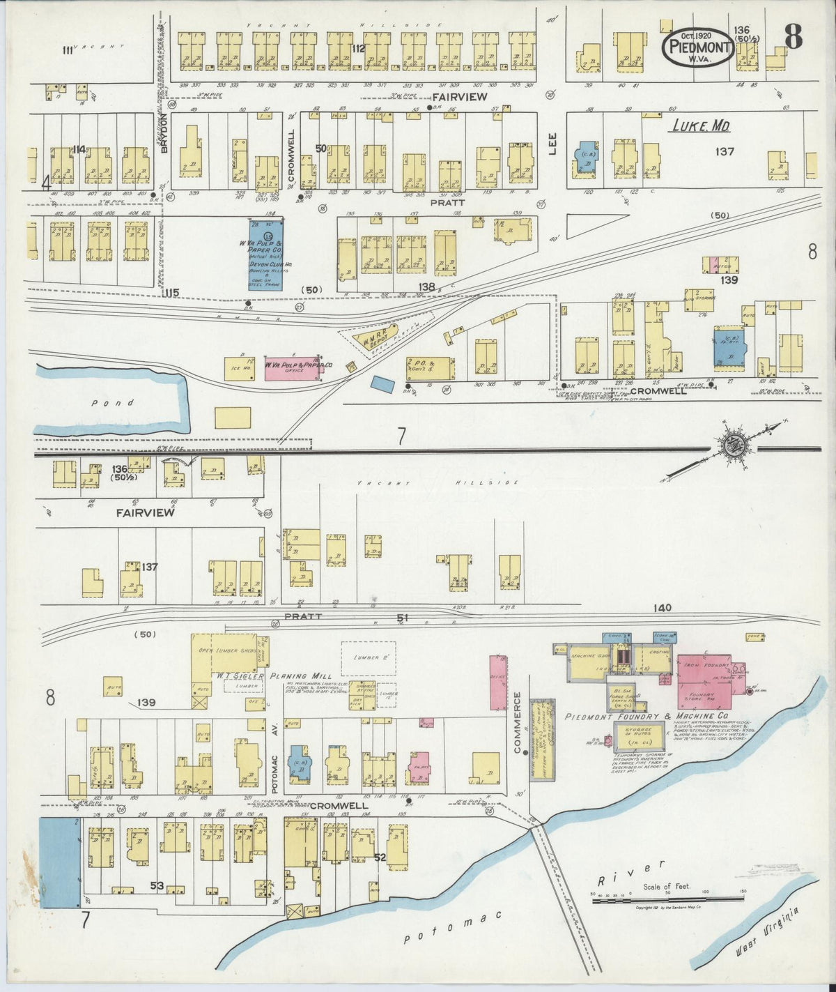 Sanborn Fire Insurance Map from Piedmont, Mineral County, West Virginia (1920), Sheet #0008 - Complete Map Set gallery image, historic Sanborn map, vintage wall art, West Virginia West Virginia
