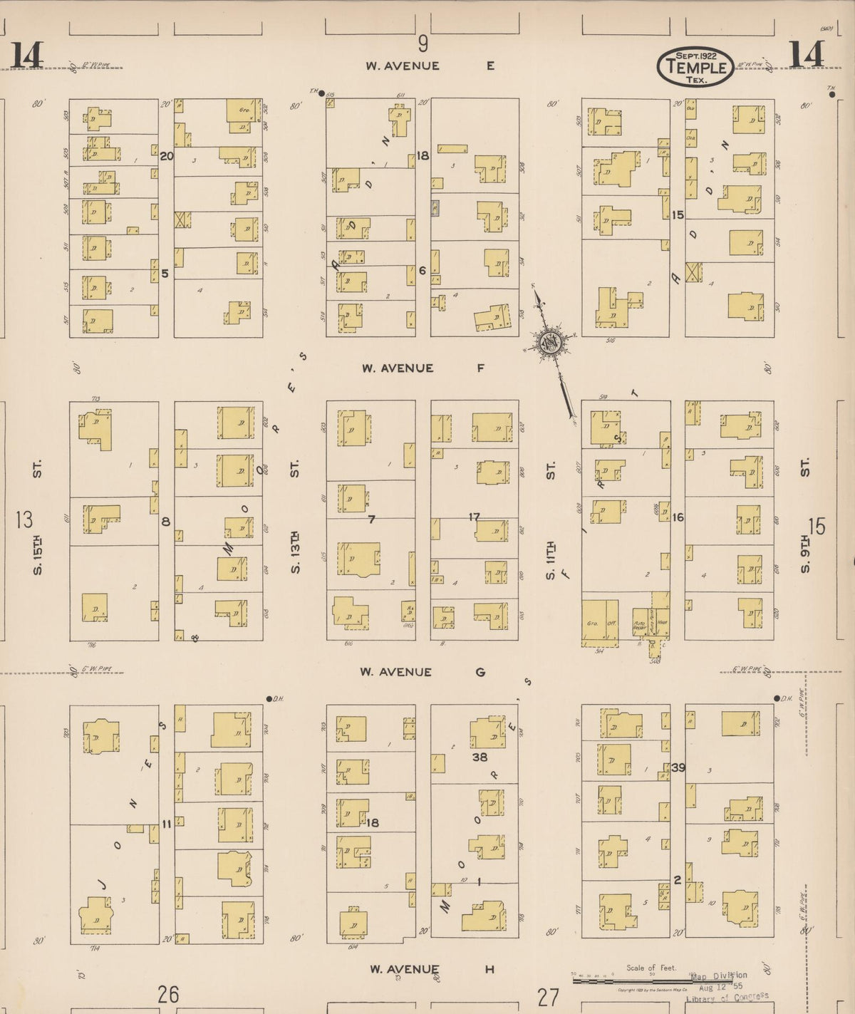 Sanborn Fire Insurance Map from Temple, Bell County, Texas (1922), Sheet #0014 - Complete Map Set gallery image, historic Sanborn map, vintage wall art, Texas Texas