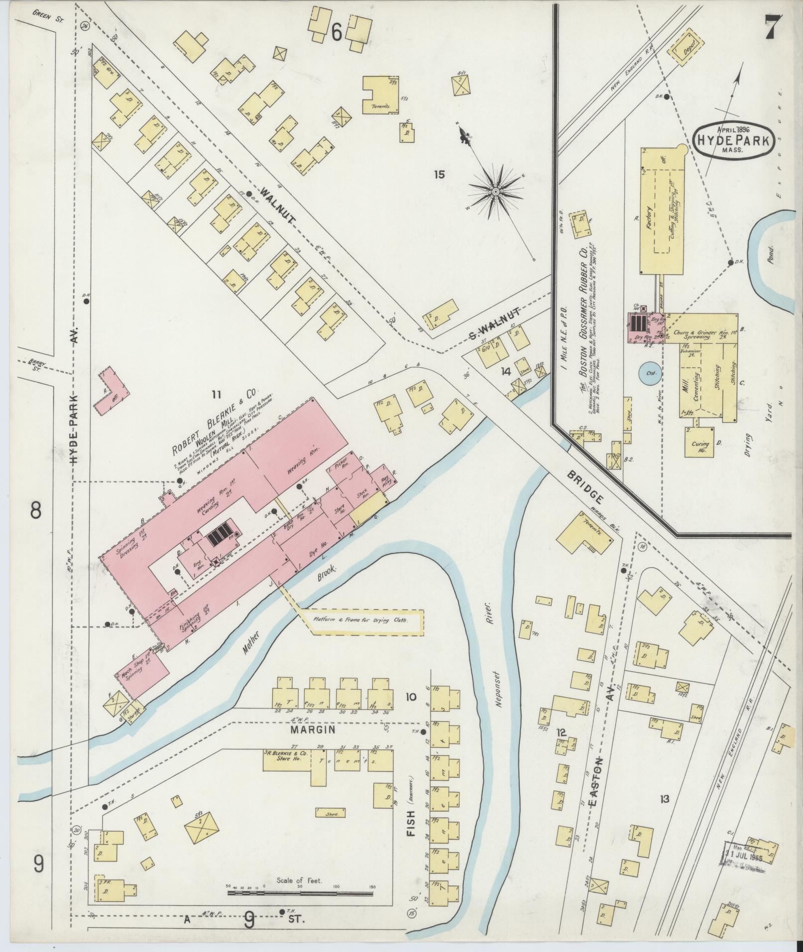 Sanborn Fire Insurance Map from Hyde Park, Norfolk County, Massachusetts (1896), Sheet #0007 - Historic Sanborn Fire Insurance Map Print, vintage old map wall art, antique decor, genealogy gift, Massachusetts Massachusetts map