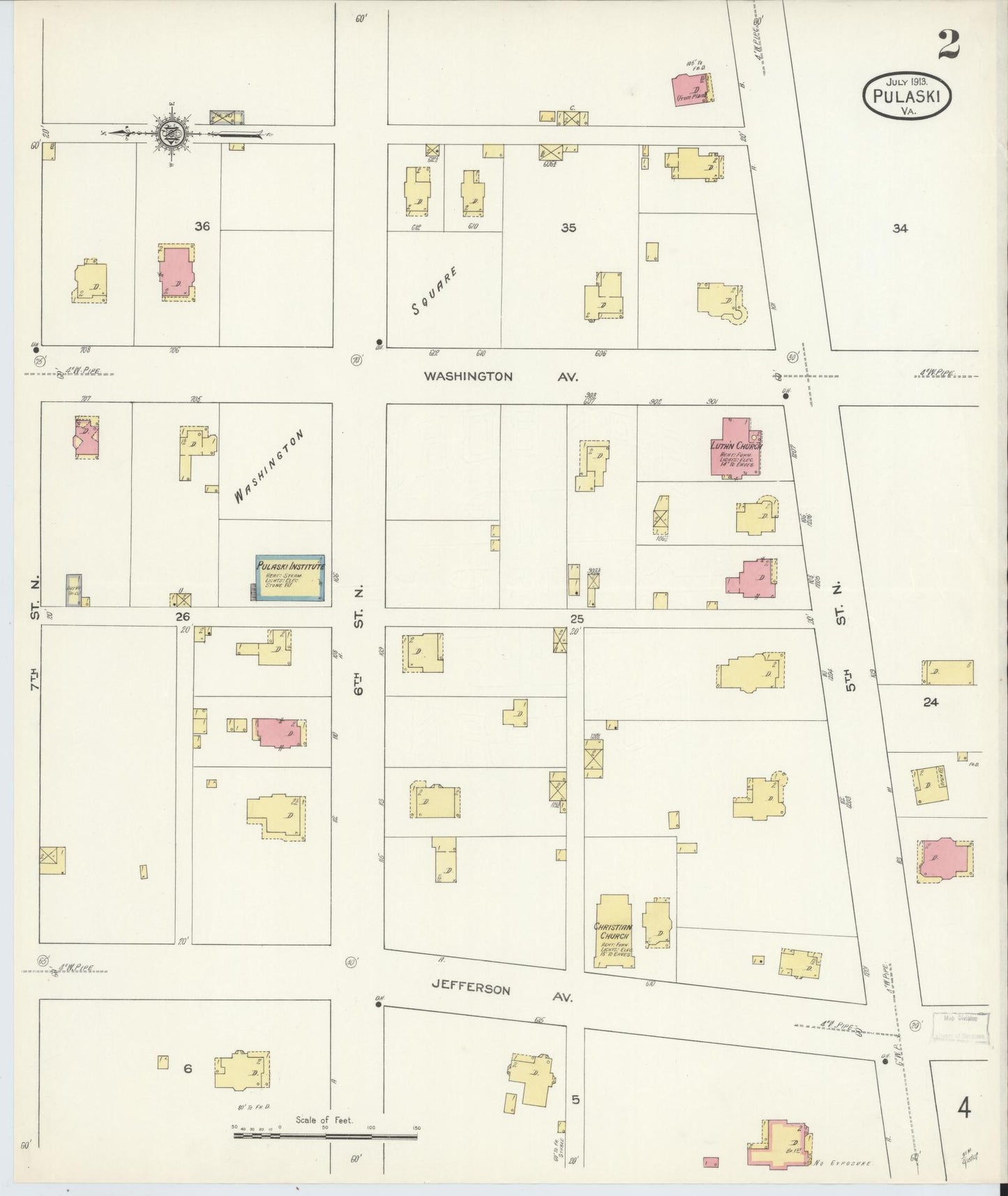 Sanborn Fire Insurance Map from Pulaski, Pulaski County, Virginia (1913), Sheet #0002 - Historic Sanborn Fire Insurance Map Print, vintage old map wall art, antique decor, genealogy gift, Virginia Virginia map
