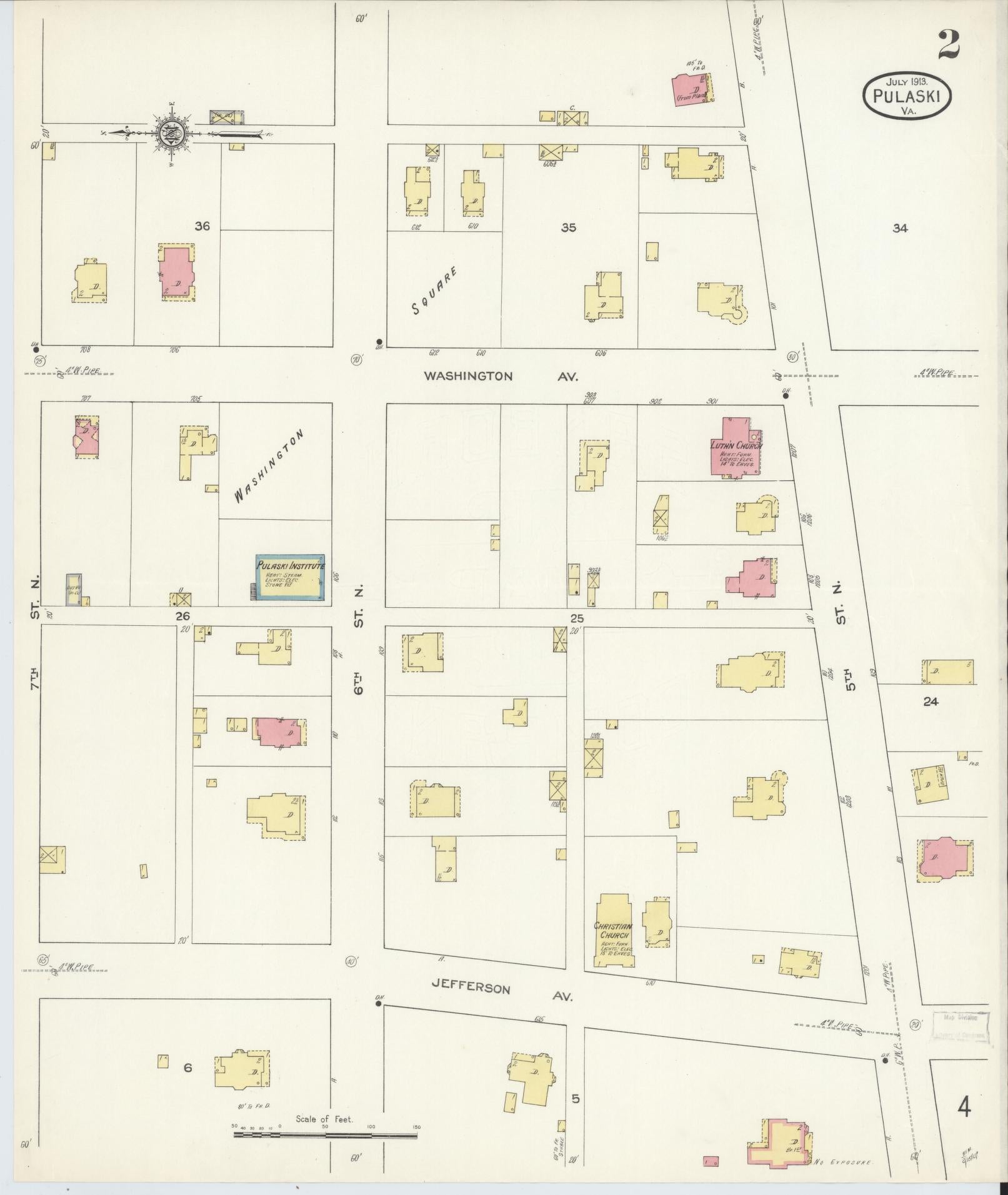 Sanborn Fire Insurance Map from Pulaski, Pulaski County, Virginia (1913), Sheet #0002 - Historic Sanborn Fire Insurance Map Print, vintage old map wall art, antique decor, genealogy gift, Virginia Virginia map