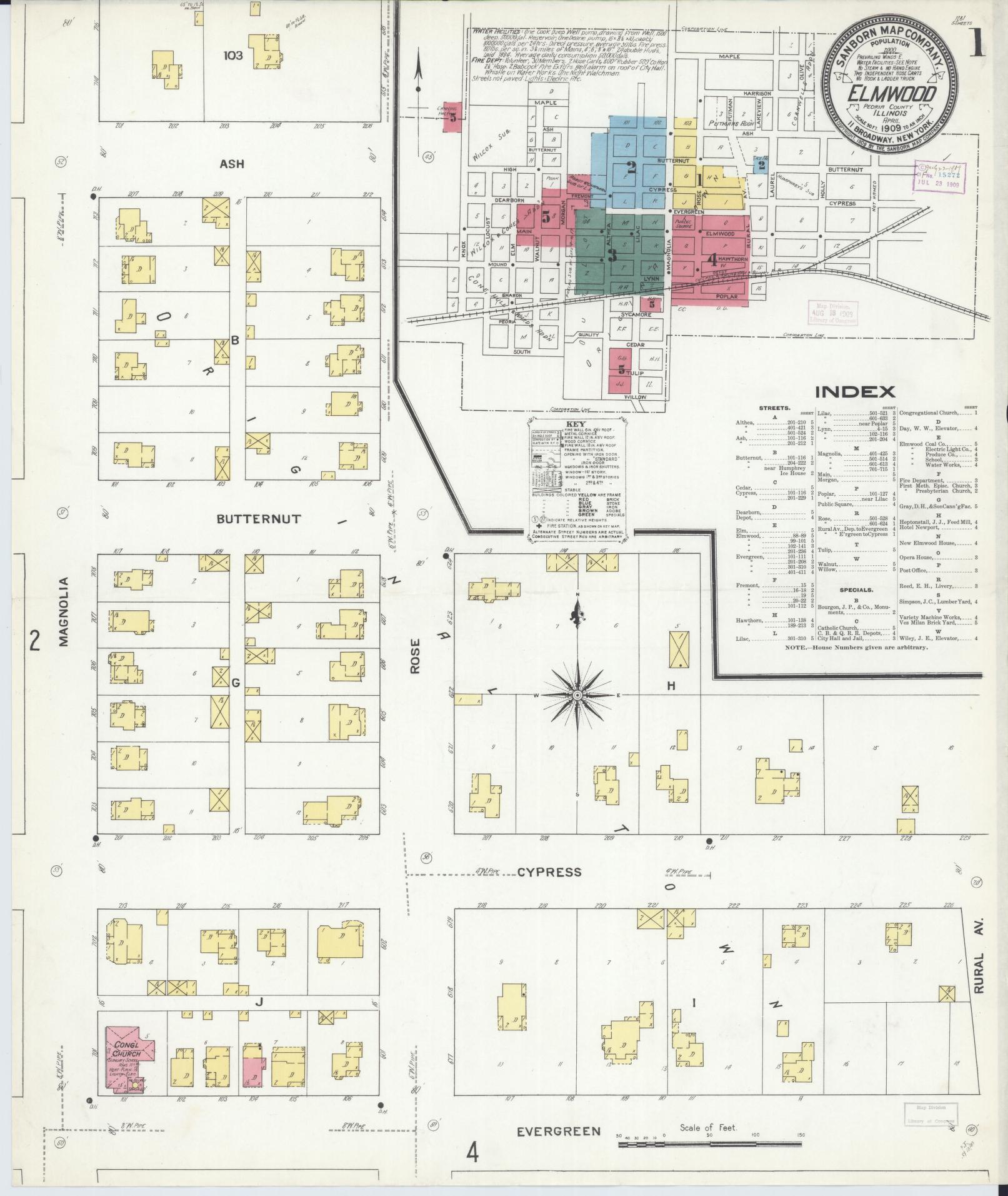 Sanborn Fire Insurance Map from Elmwood, Peoria County, Illinois (1909), Sheet #0001 - Complete Map Set gallery image, historic Sanborn map, vintage wall art, Illinois Illinois