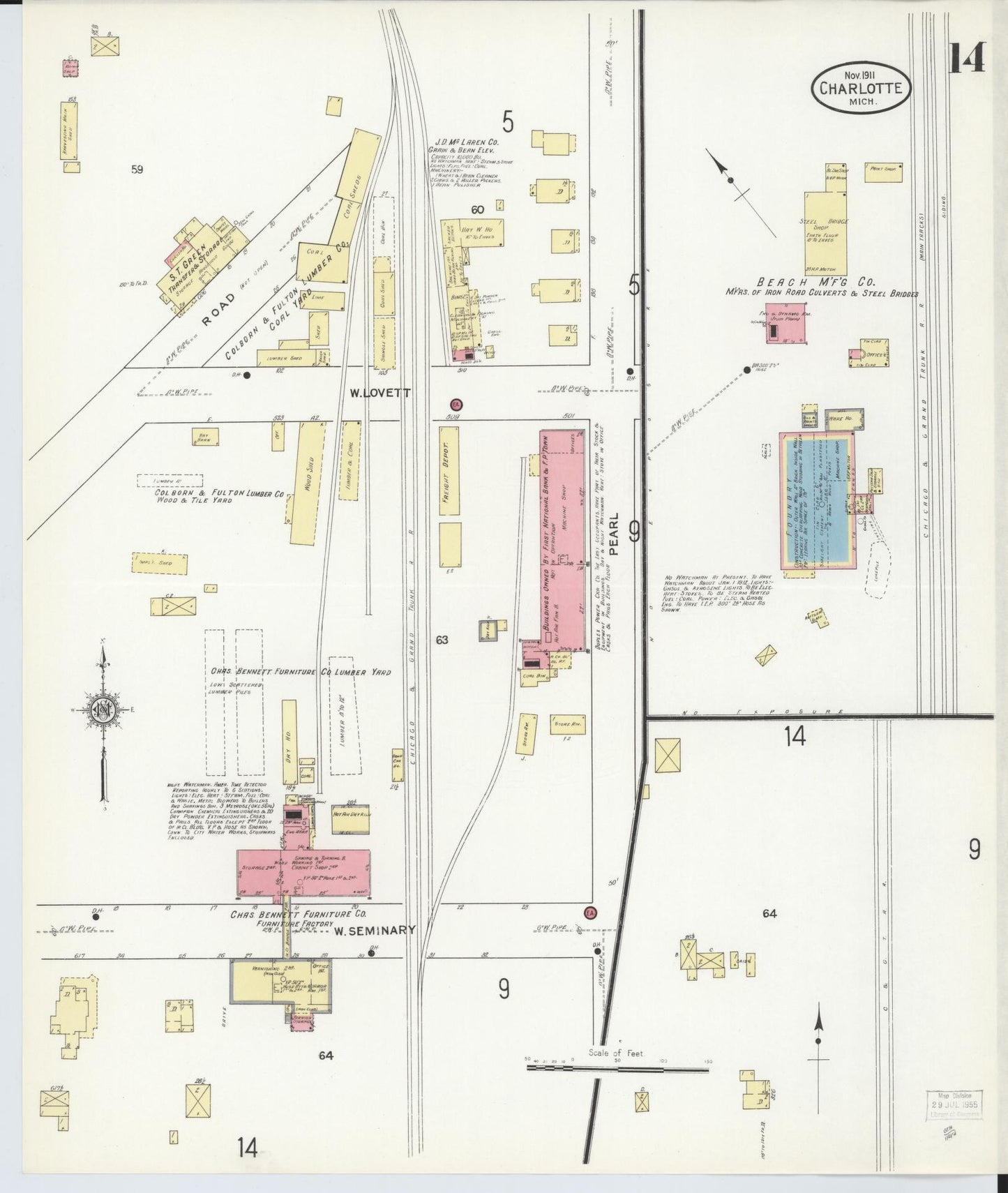 Sanborn Fire Insurance Map from Charlotte, Eaton County, Michigan (1911), Sheet #0014 - Historic Sanborn Fire Insurance Map Print, vintage old map wall art, antique decor, genealogy gift, Michigan Michigan map